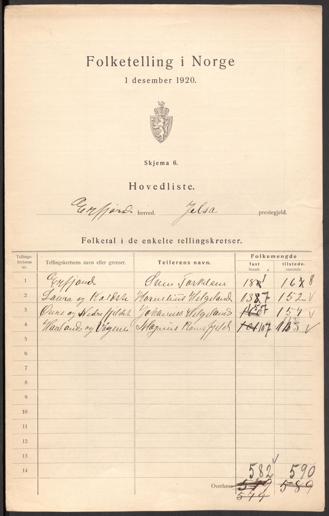 SAST, 1920 census for Erfjord, 1920, p. 4