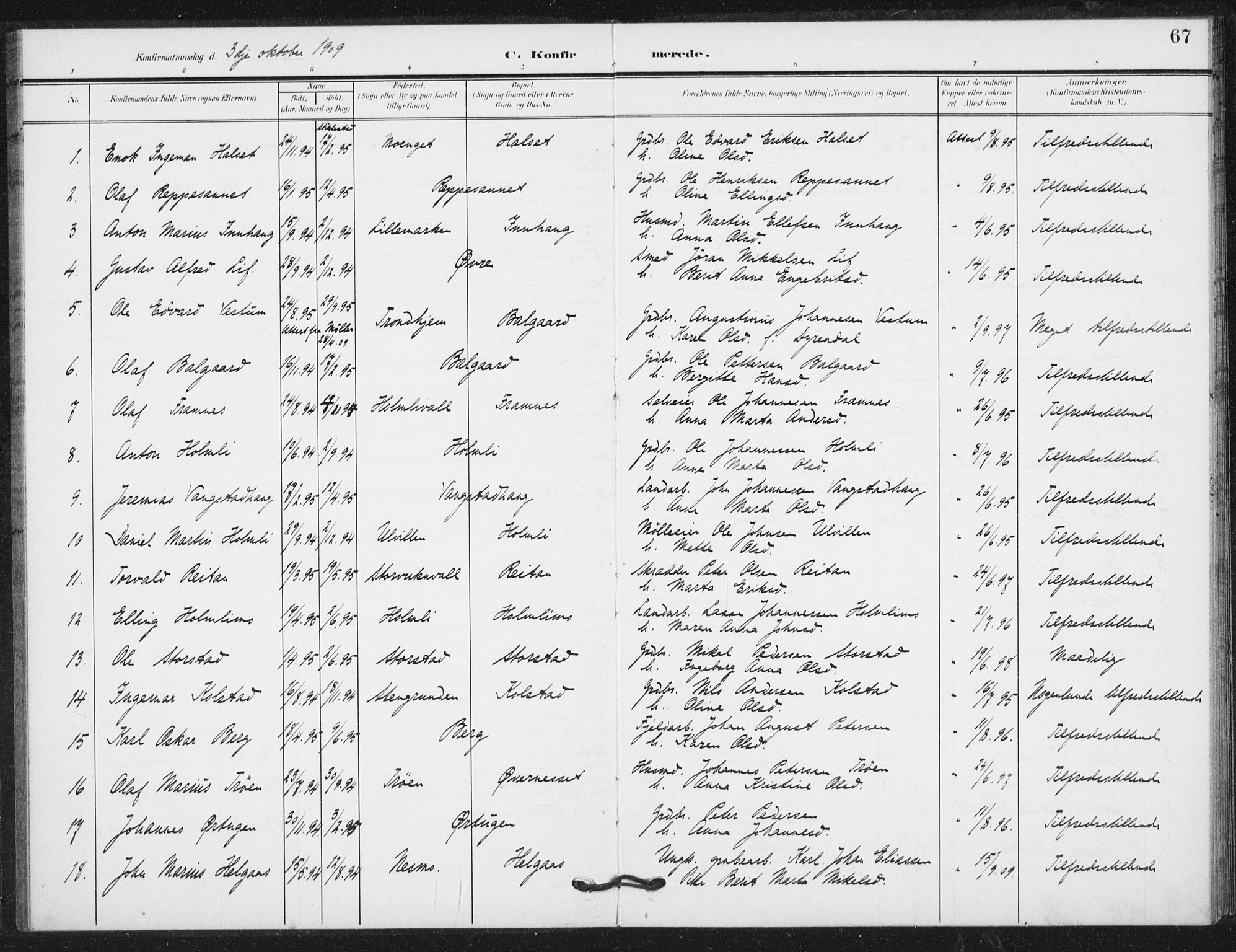 Ministerialprotokoller, klokkerbøker og fødselsregistre - Nord-Trøndelag, SAT/A-1458/724/L0264: Parish register (official) no. 724A02, 1908-1915, p. 67