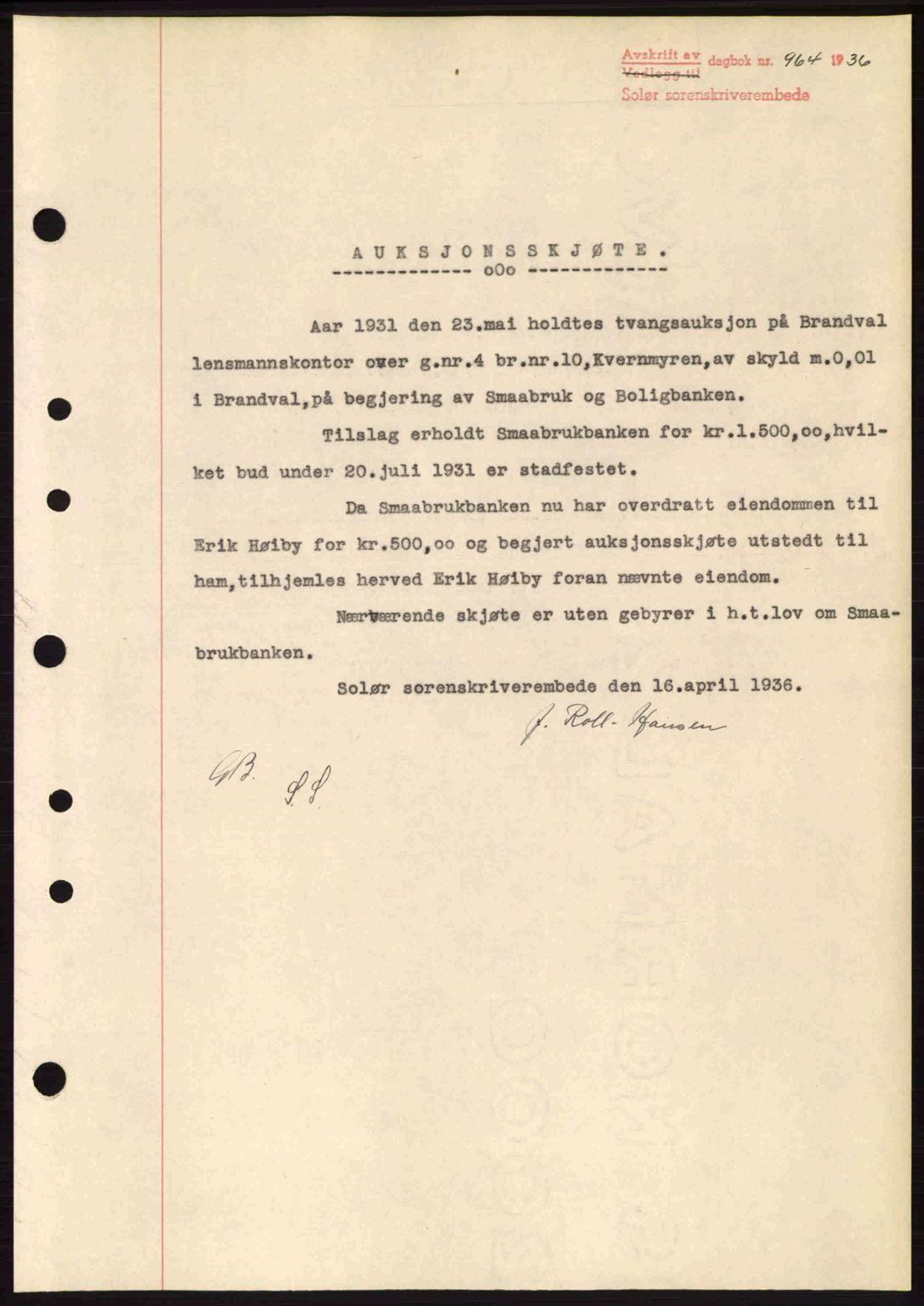 Solør tingrett, SAH/TING-008/H/Hb/Hbc/L0001: Mortgage book no. A1-A4, 1936-1938, Diary no: : 964/1936