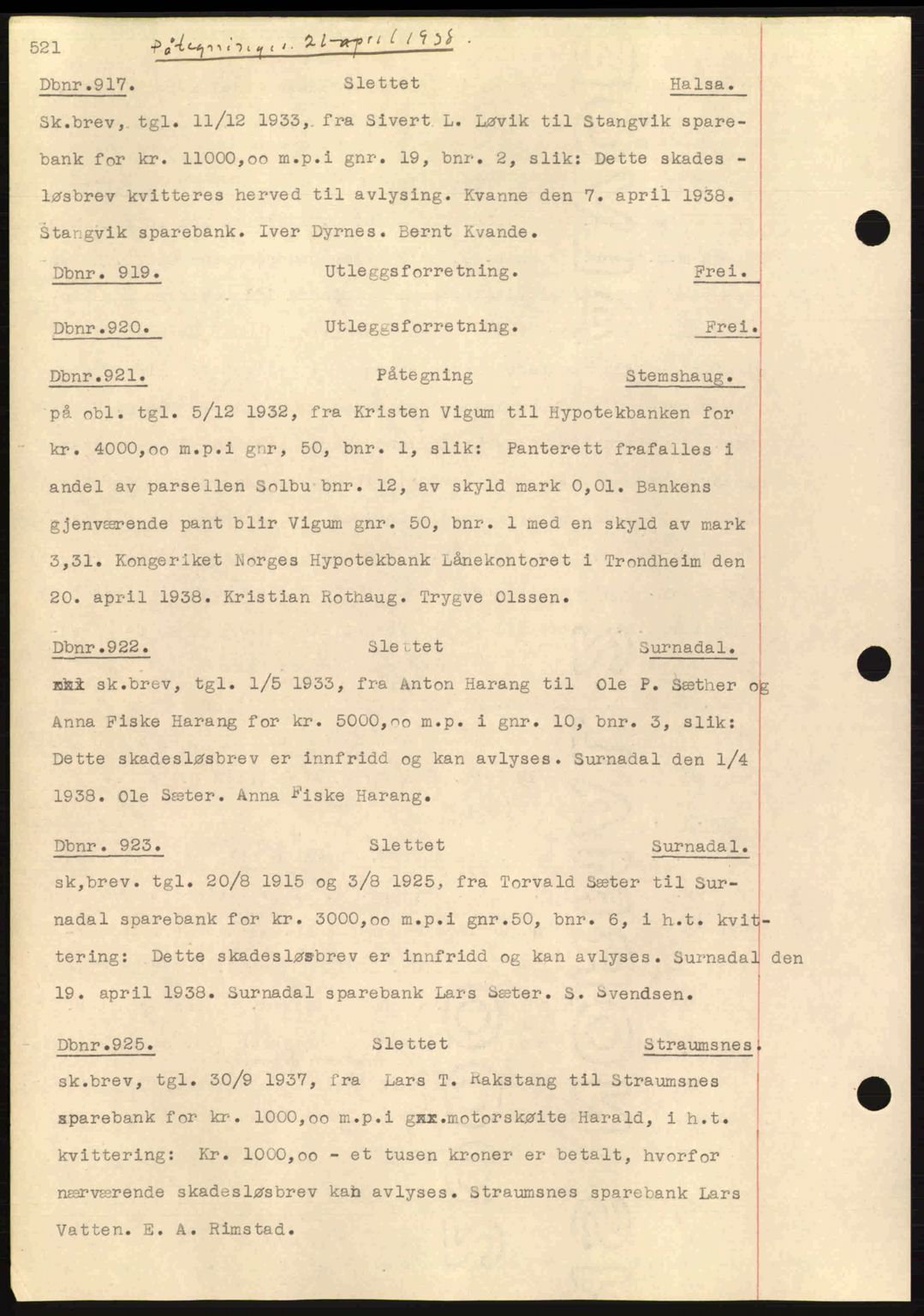 Nordmøre sorenskriveri, AV/SAT-A-4132/1/2/2Ca: Mortgage book no. C80, 1936-1939, Diary no: : 917/1938