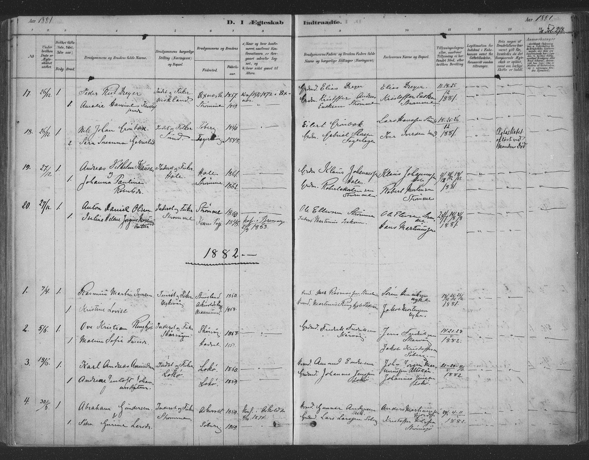 Ministerialprotokoller, klokkerbøker og fødselsregistre - Nordland, AV/SAT-A-1459/891/L1302: Parish register (official) no. 891A07, 1878-1895, p. 278