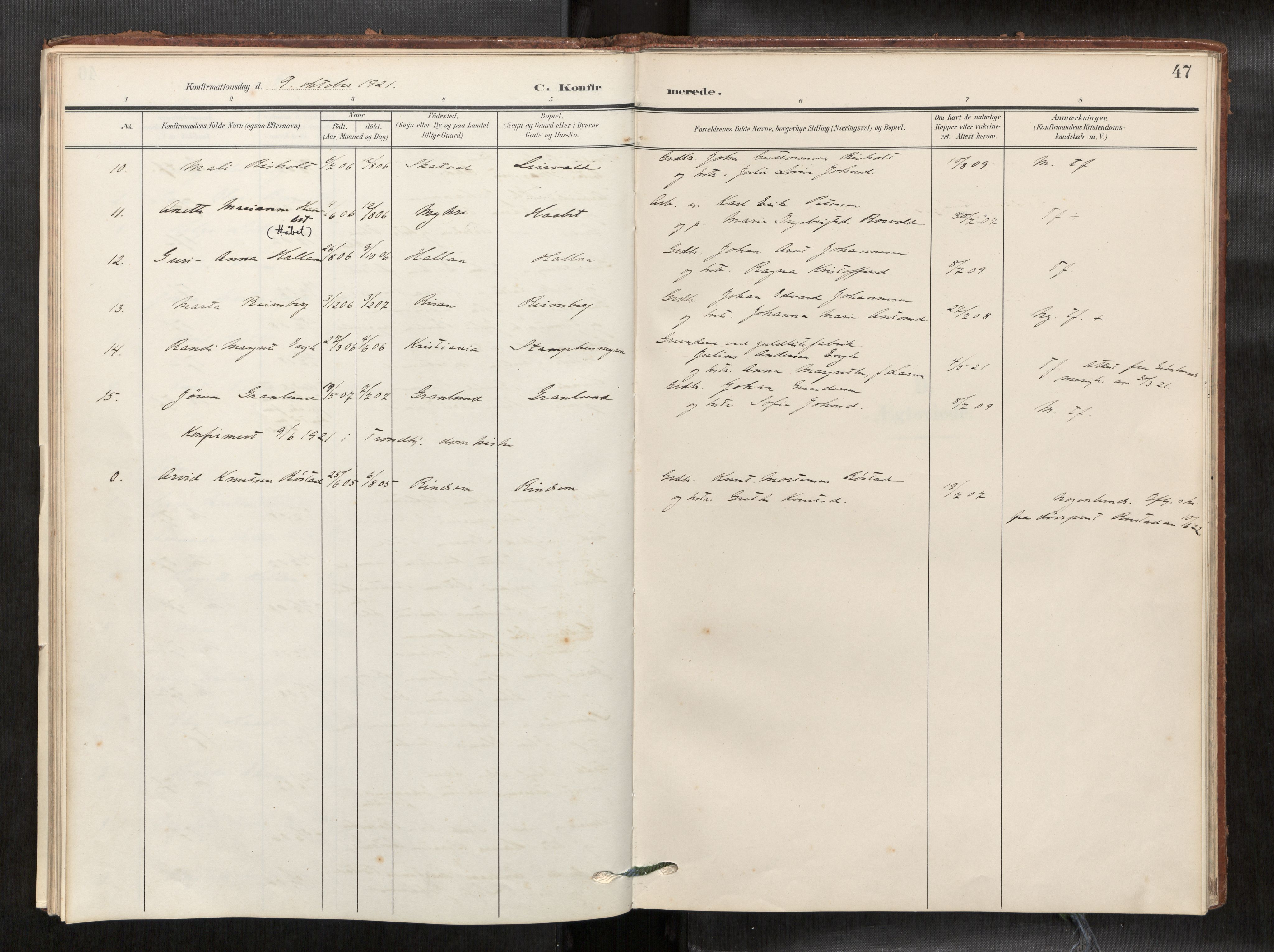 Verdal sokneprestkontor, SAT/A-1156/2/H/Haa/L0003: Parish register (official) no. 3, 1907-1921, p. 47