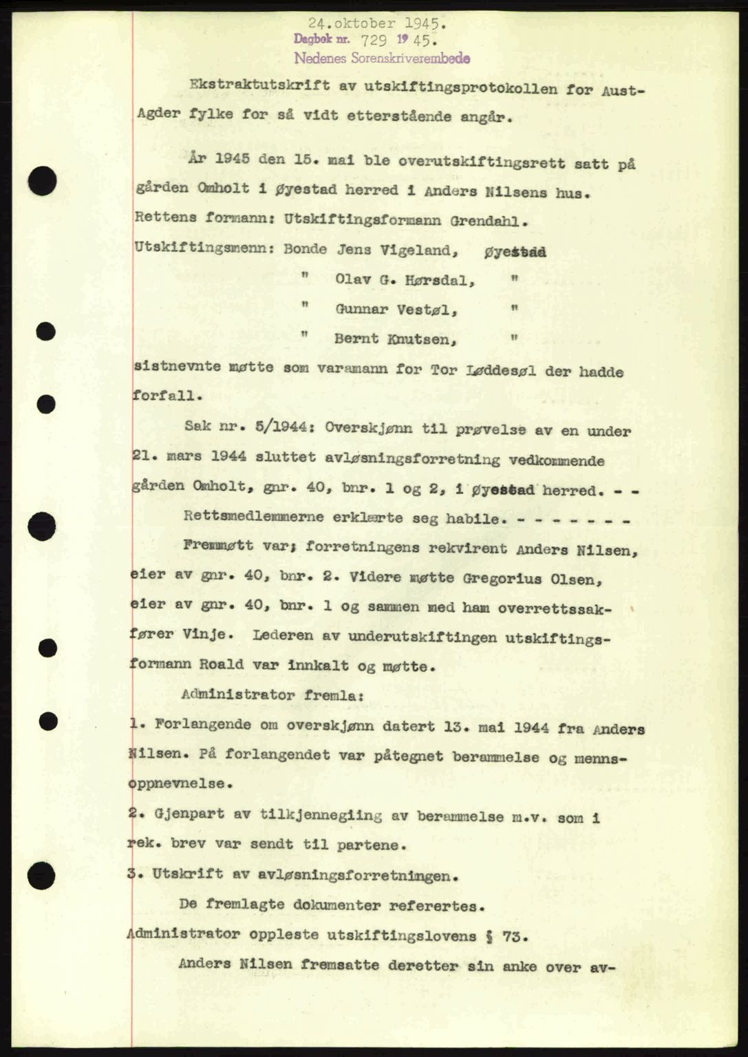 Nedenes sorenskriveri, SAK/1221-0006/G/Gb/Gba/L0053: Mortgage book no. A6b, 1945-1945, Diary no: : 729/1945