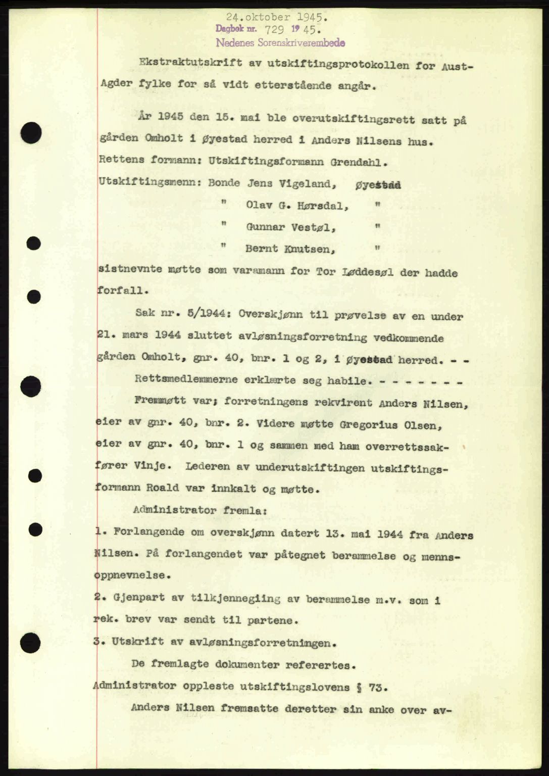 Nedenes sorenskriveri, AV/SAK-1221-0006/G/Gb/Gba/L0053: Mortgage book no. A6b, 1945-1945, Diary no: : 729/1945