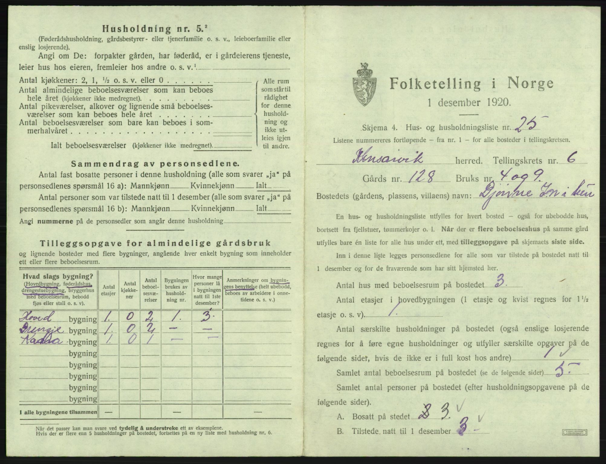 SAB, 1920 census for Kinsarvik, 1920, p. 456