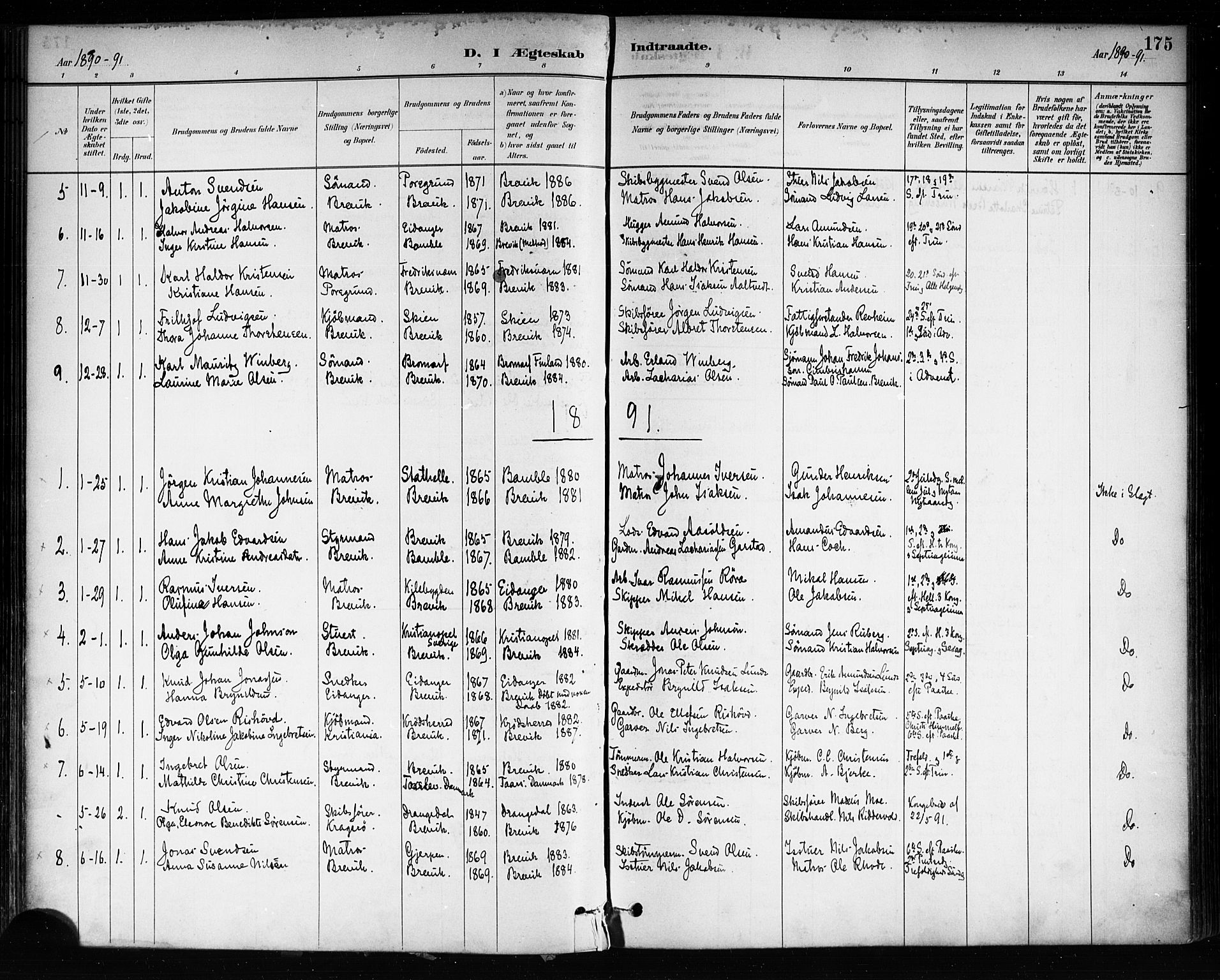 Brevik kirkebøker, SAKO/A-255/F/Fa/L0007: Parish register (official) no. 7, 1882-1900, p. 175