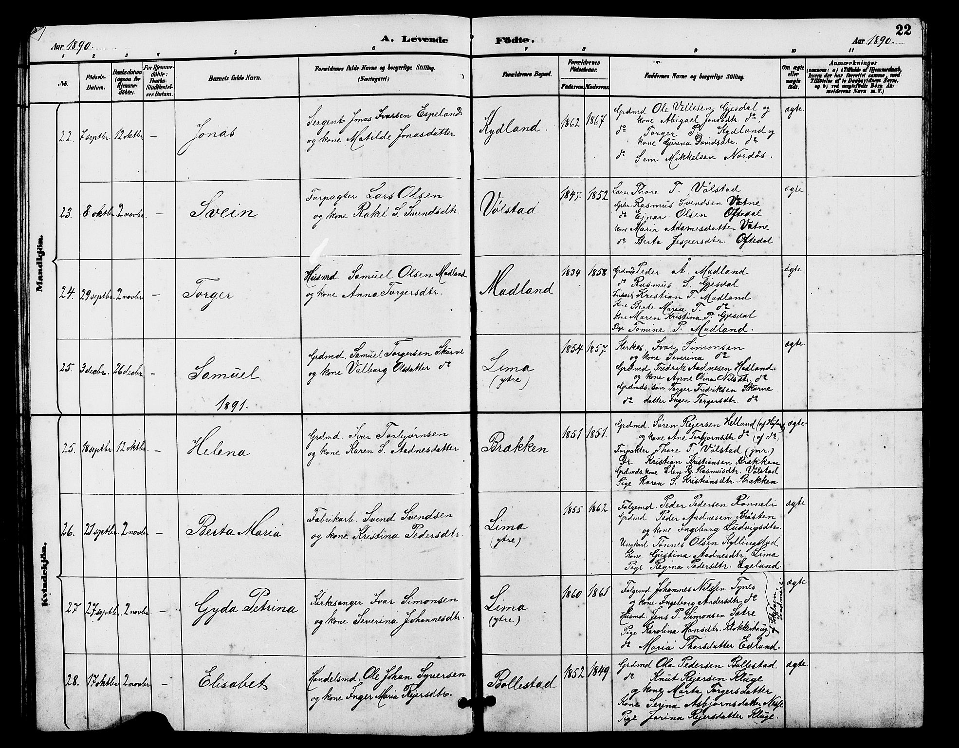 Lye sokneprestkontor, AV/SAST-A-101794/001/30BB/L0008: Parish register (copy) no. B 7, 1887-1901, p. 22