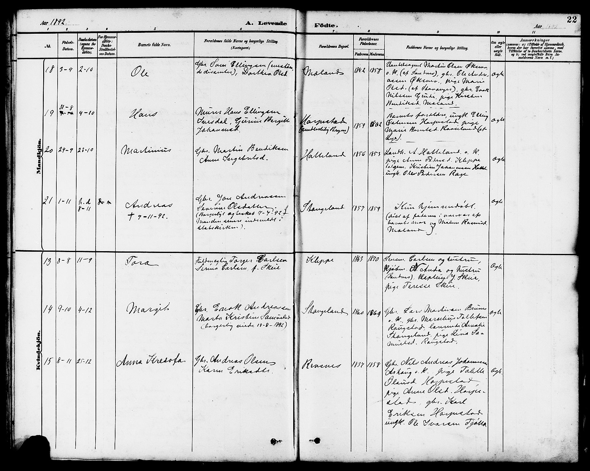 Klepp sokneprestkontor, AV/SAST-A-101803/001/3/30BB/L0004: Parish register (copy) no. B 4, 1889-1914, p. 22