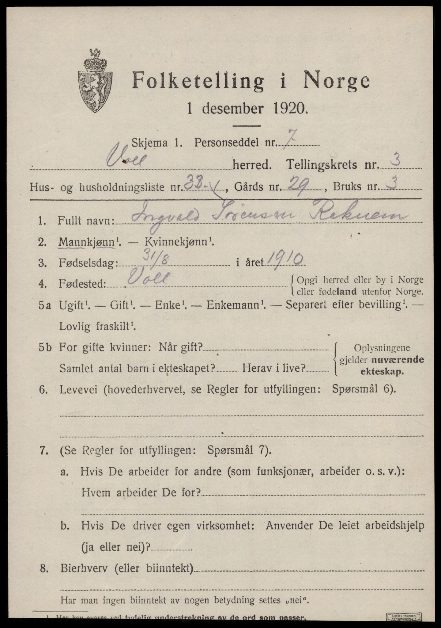 SAT, 1920 census for Voll, 1920, p. 1625