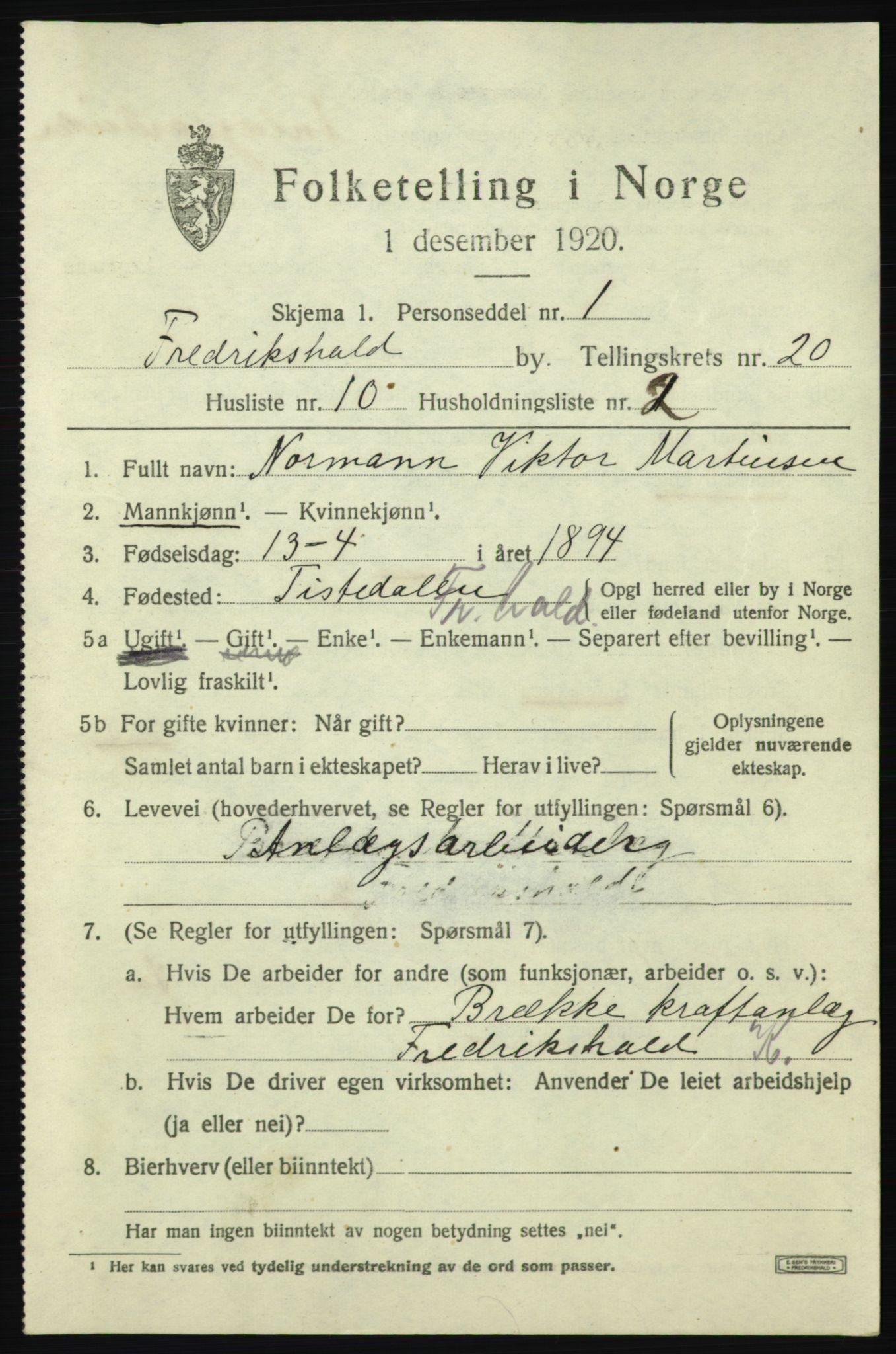 SAO, 1920 census for Fredrikshald, 1920, p. 29379