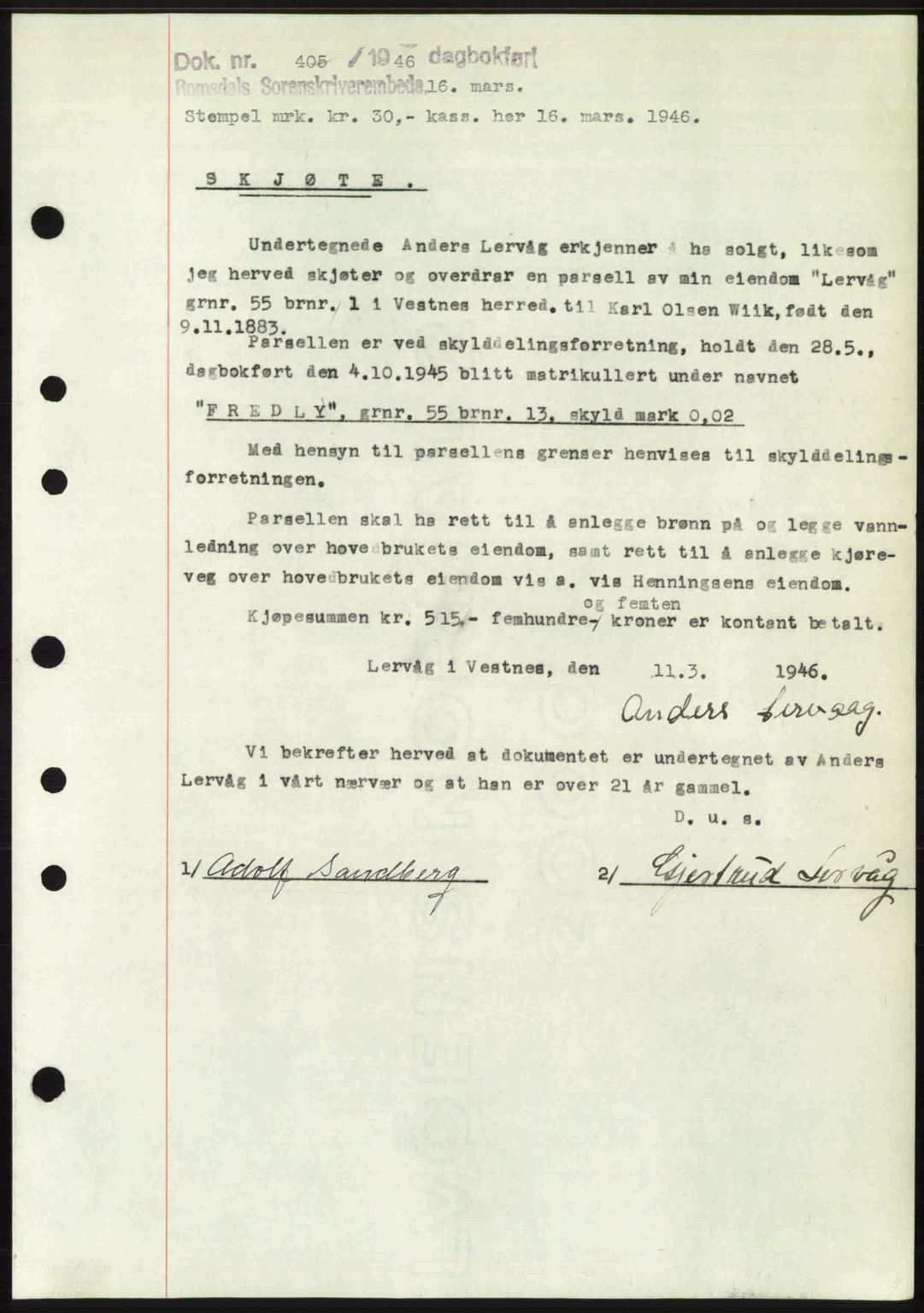 Romsdal sorenskriveri, SAT/A-4149/1/2/2C: Mortgage book no. A19, 1946-1946, Diary no: : 405/1946