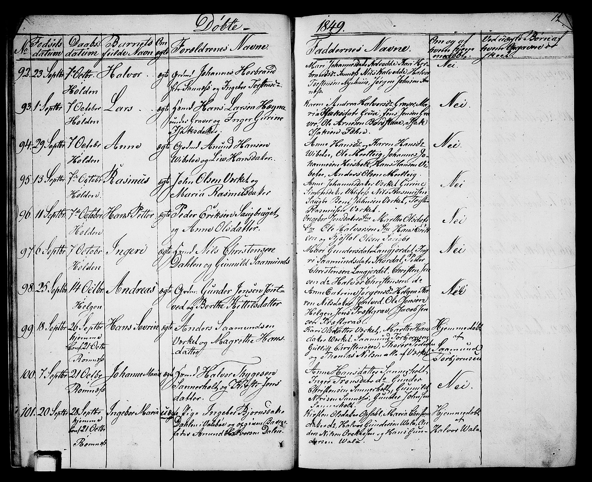 Holla kirkebøker, SAKO/A-272/G/Ga/L0003: Parish register (copy) no. I 3, 1849-1866, p. 12