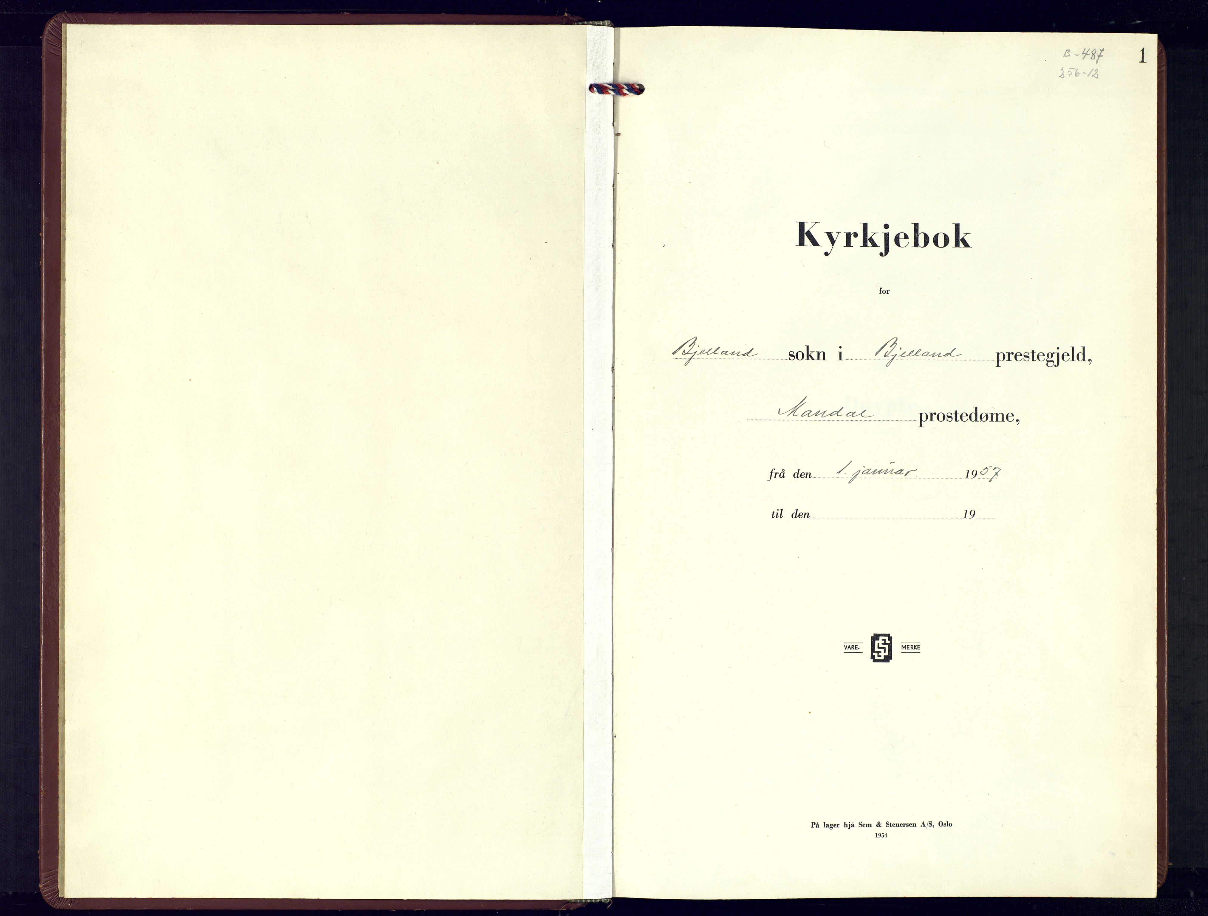 Bjelland sokneprestkontor, AV/SAK-1111-0005/F/Fb/Fba/L0007: Parish register (copy) no. B-7, 1956-1977, p. 1