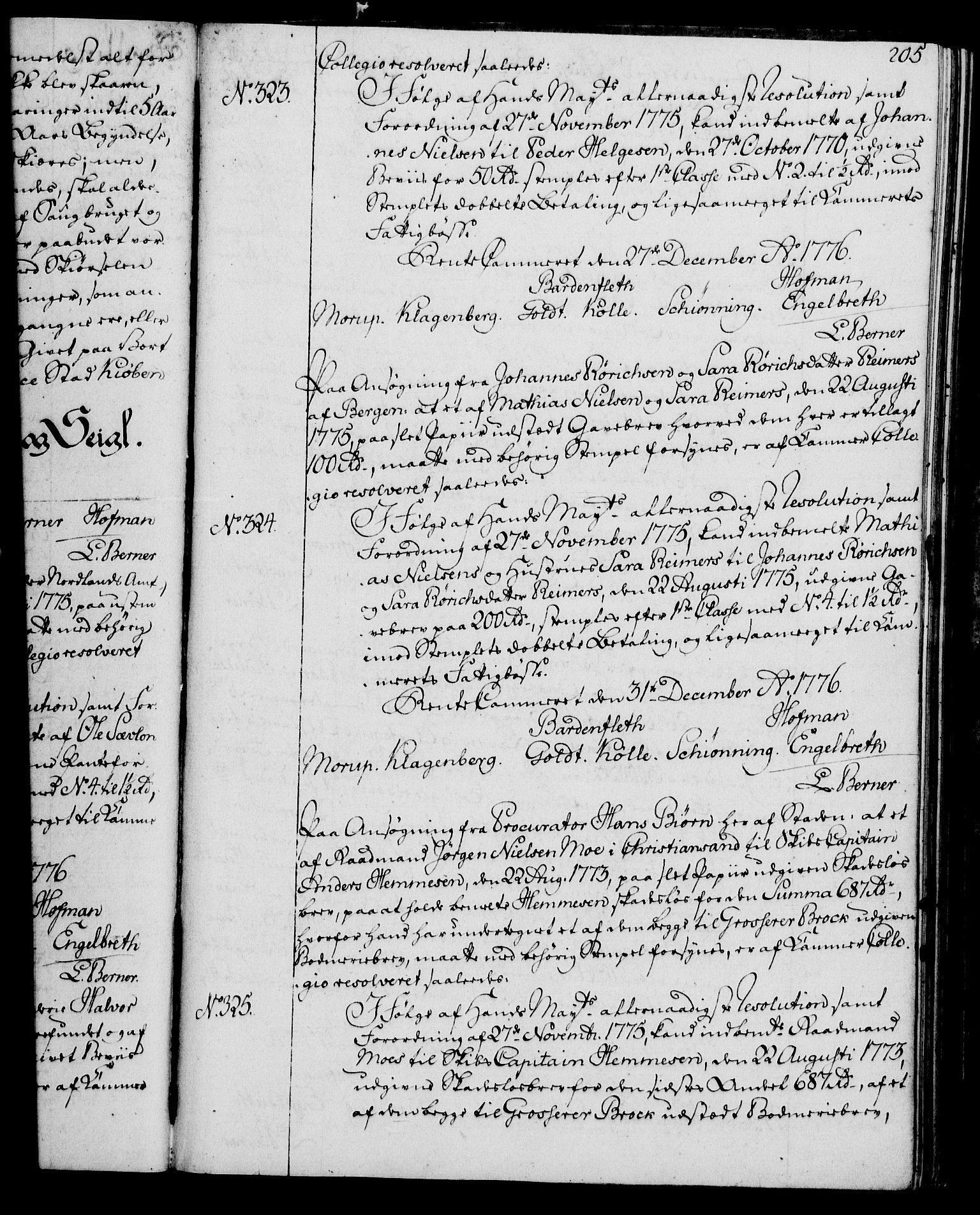 Rentekammeret, Kammerkanselliet, RA/EA-3111/G/Gg/Gga/L0010: Norsk ekspedisjonsprotokoll med register (merket RK 53.10), 1773-1778, p. 205