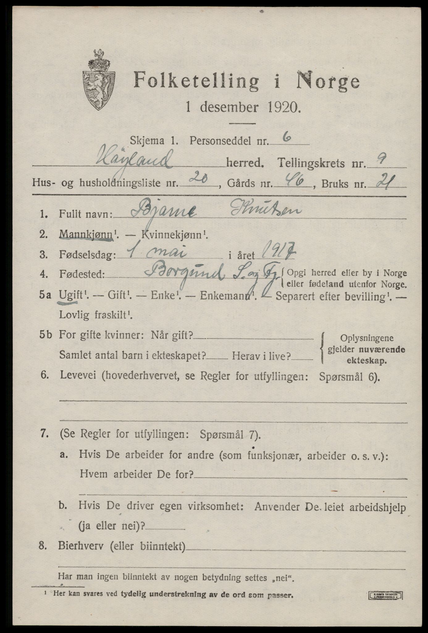 SAST, 1920 census for Høyland, 1920, p. 6322