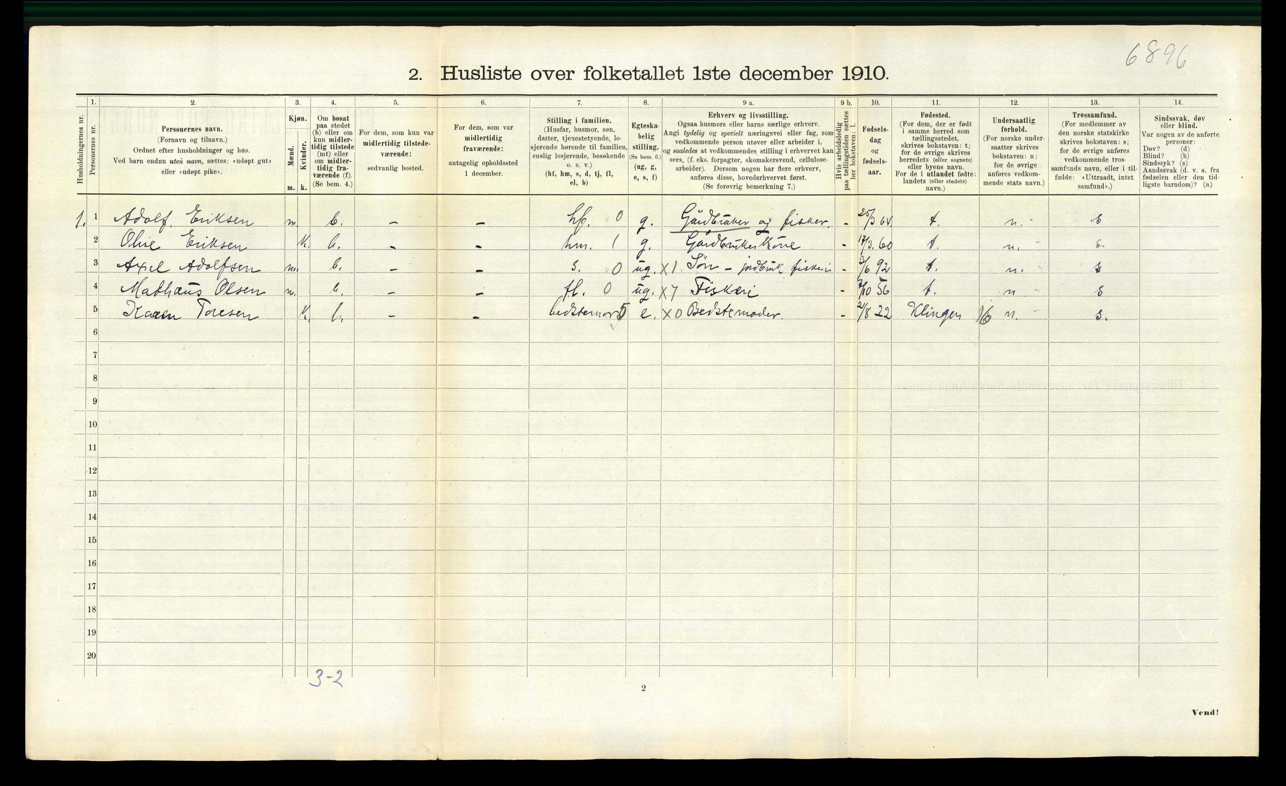 RA, 1910 census for Fosnes, 1910, p. 274