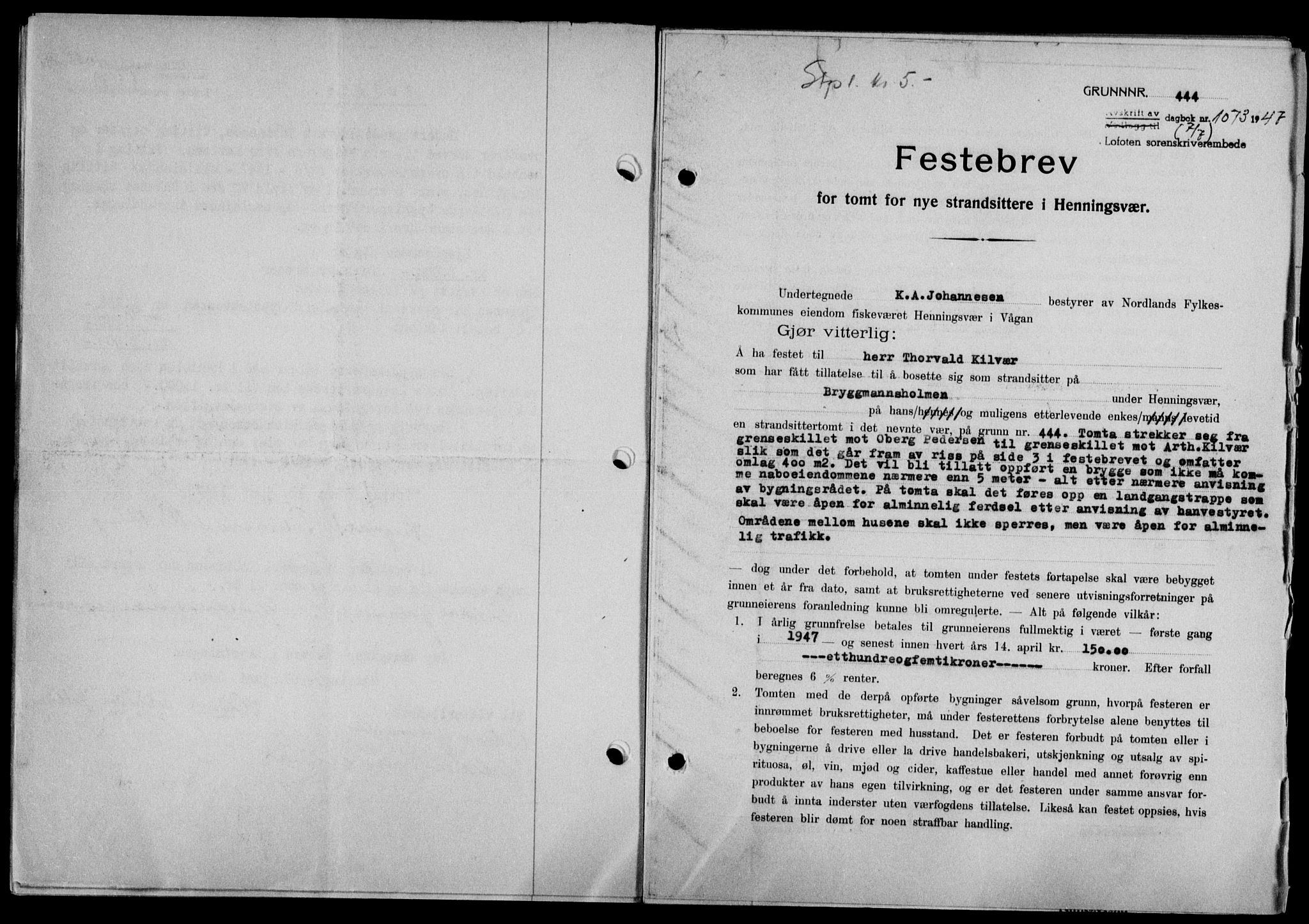 Lofoten sorenskriveri, SAT/A-0017/1/2/2C/L0016a: Mortgage book no. 16a, 1947-1947, Diary no: : 1073/1947