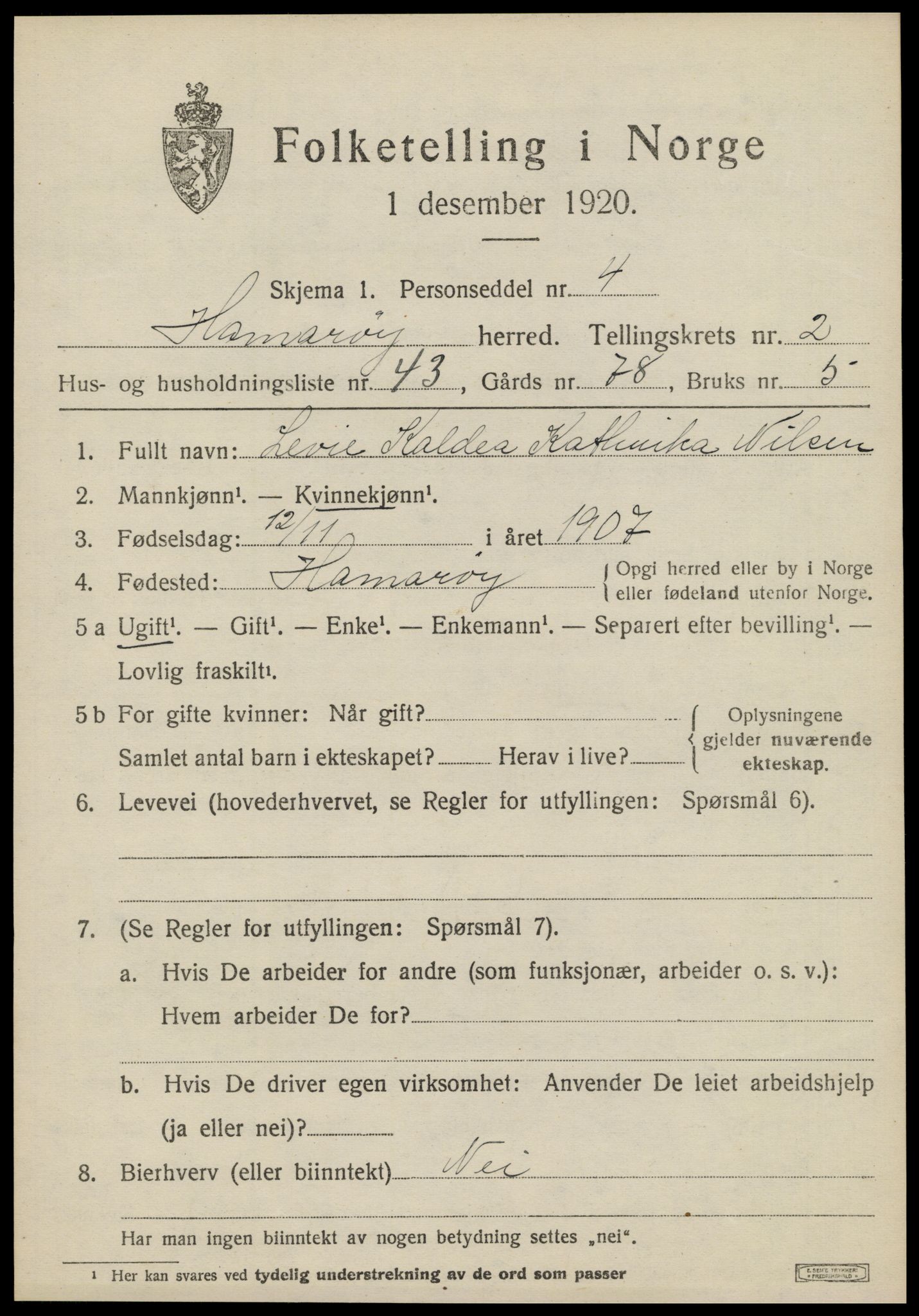 SAT, 1920 census for Hamarøy, 1920, p. 1966