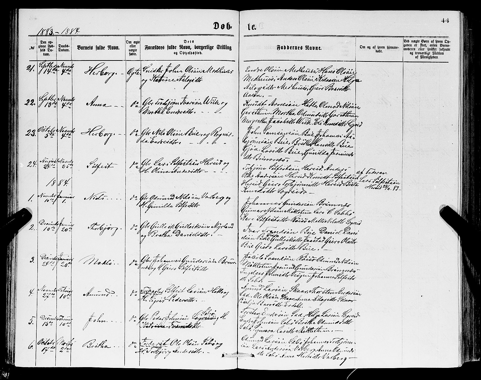 Ullensvang sokneprestembete, SAB/A-78701/H/Hab: Parish register (copy) no. C 2, 1871-1899, p. 44