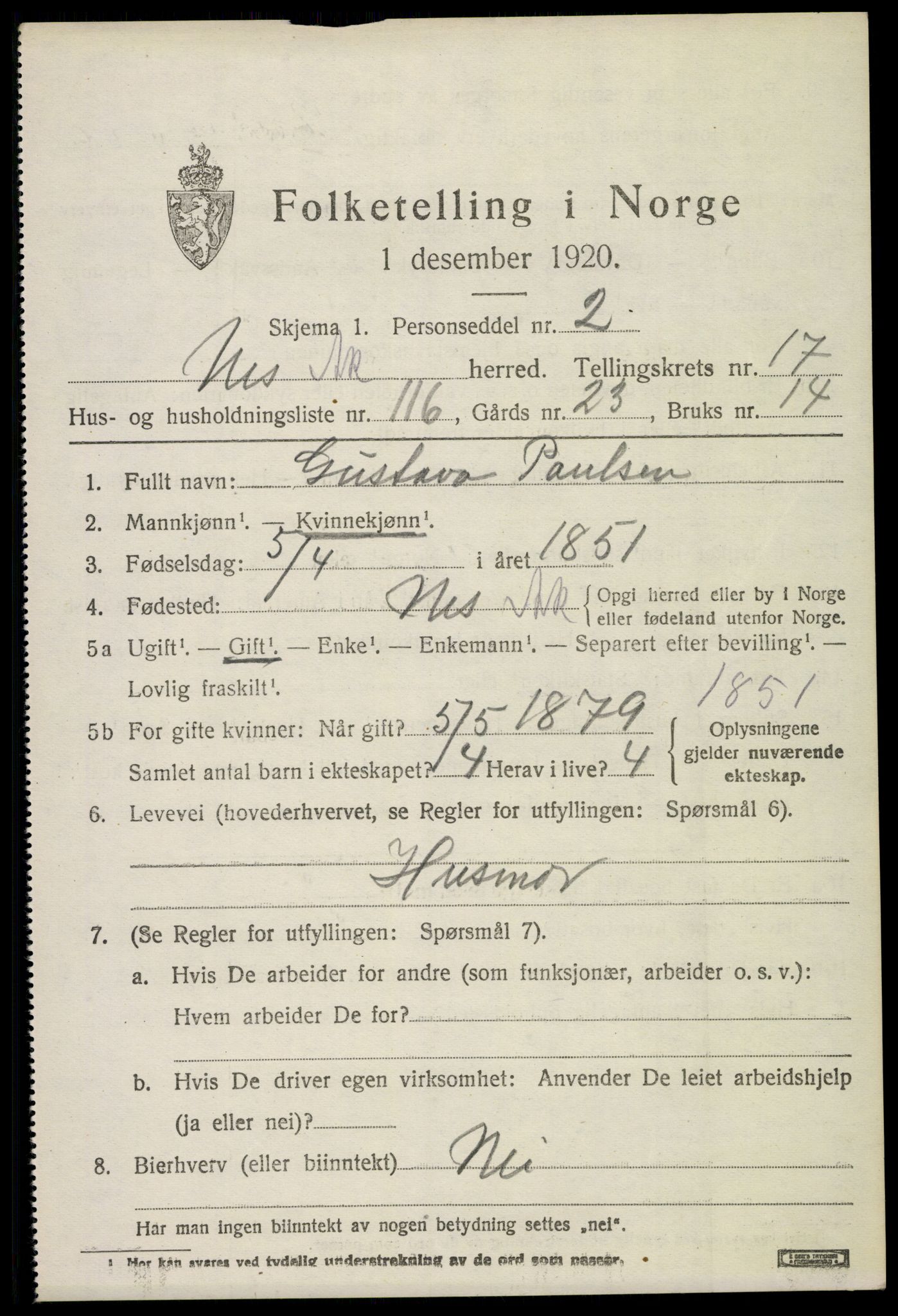 SAO, 1920 census for Nes, 1920, p. 17716