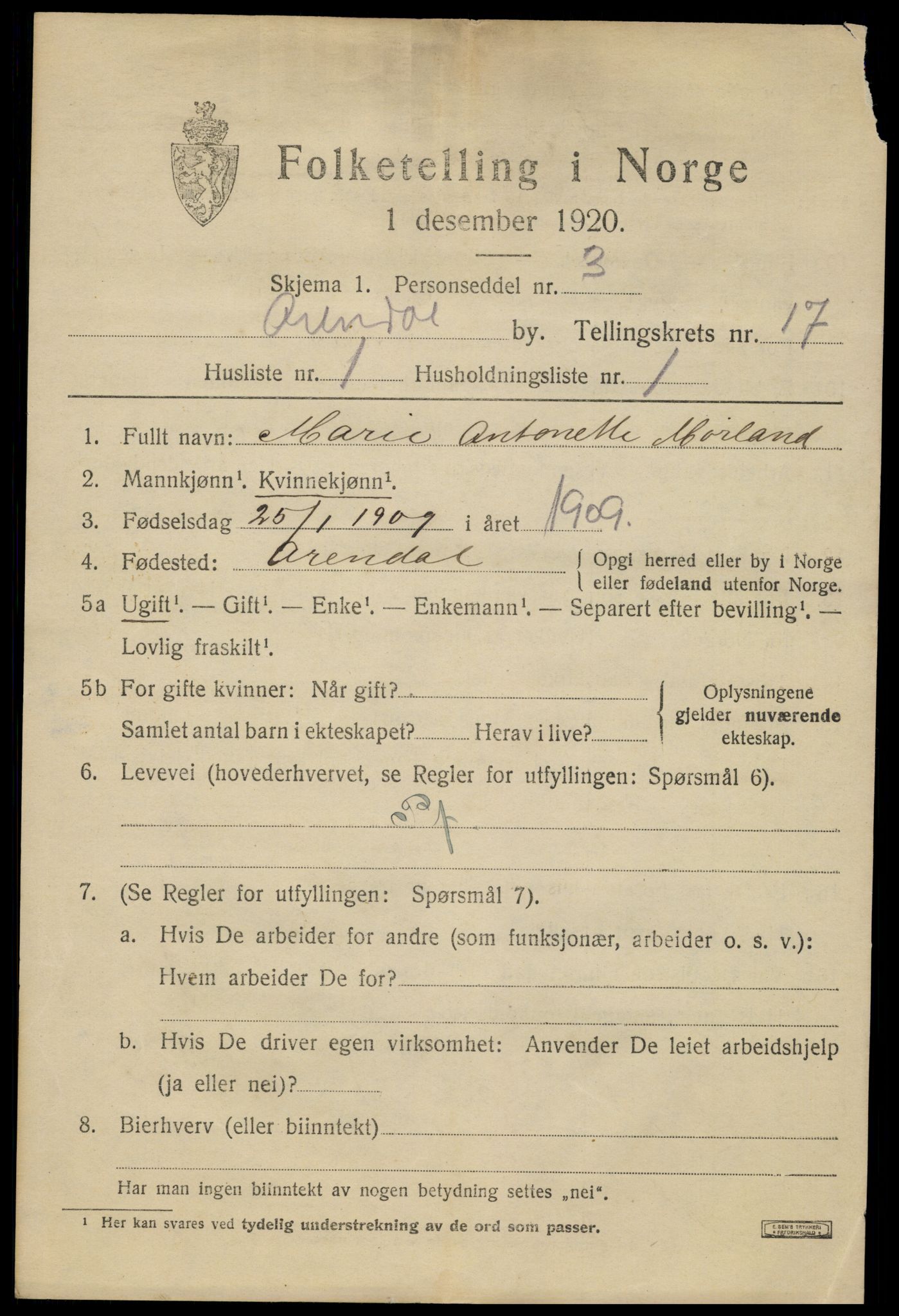 SAK, 1920 census for Arendal, 1920, p. 24050