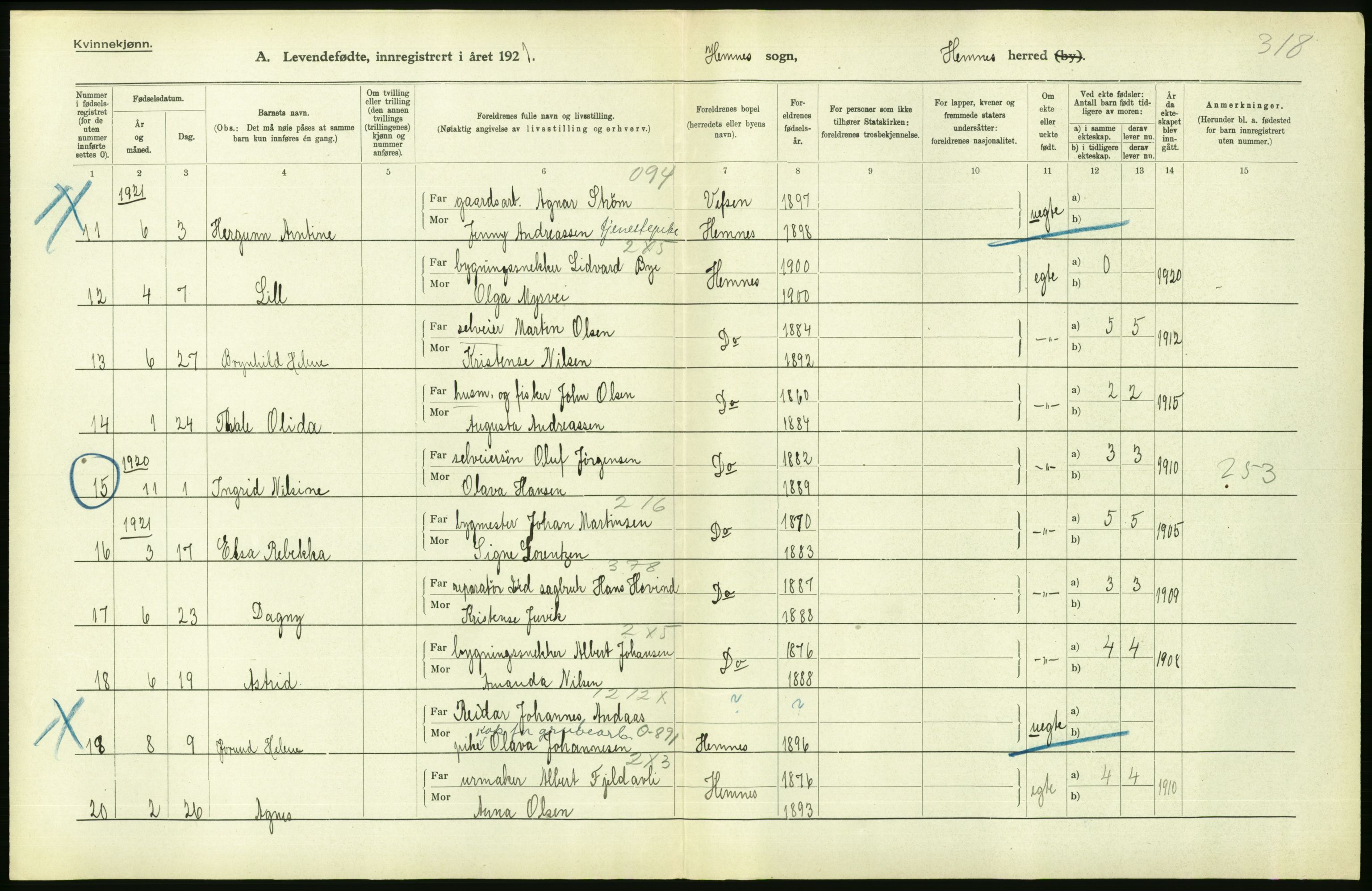 Statistisk sentralbyrå, Sosiodemografiske emner, Befolkning, AV/RA-S-2228/D/Df/Dfc/Dfca/L0049: Nordland fylke: Levendefødte menn og kvinner. Bygder., 1921, p. 108