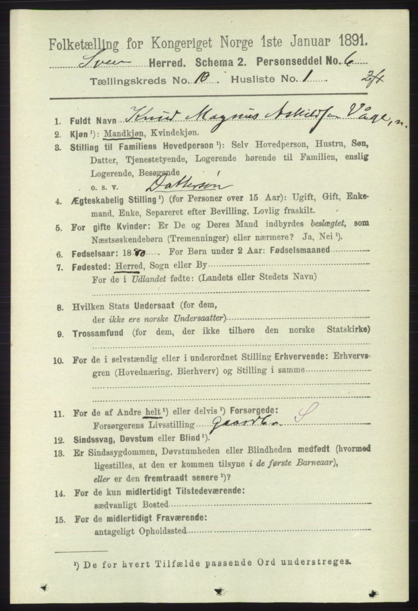 RA, 1891 census for 1216 Sveio, 1891, p. 2919
