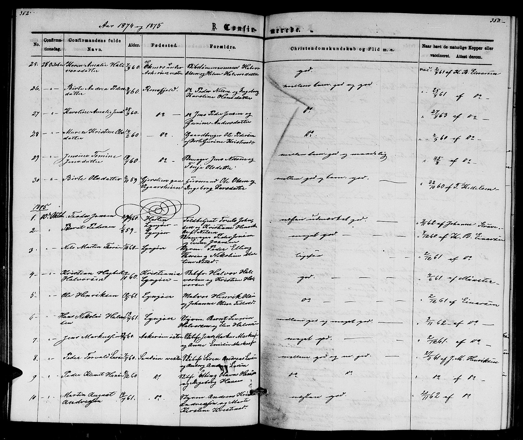 Dypvåg sokneprestkontor, AV/SAK-1111-0007/F/Fb/Fba/L0012: Parish register (copy) no. B 12, 1872-1886, p. 352-353