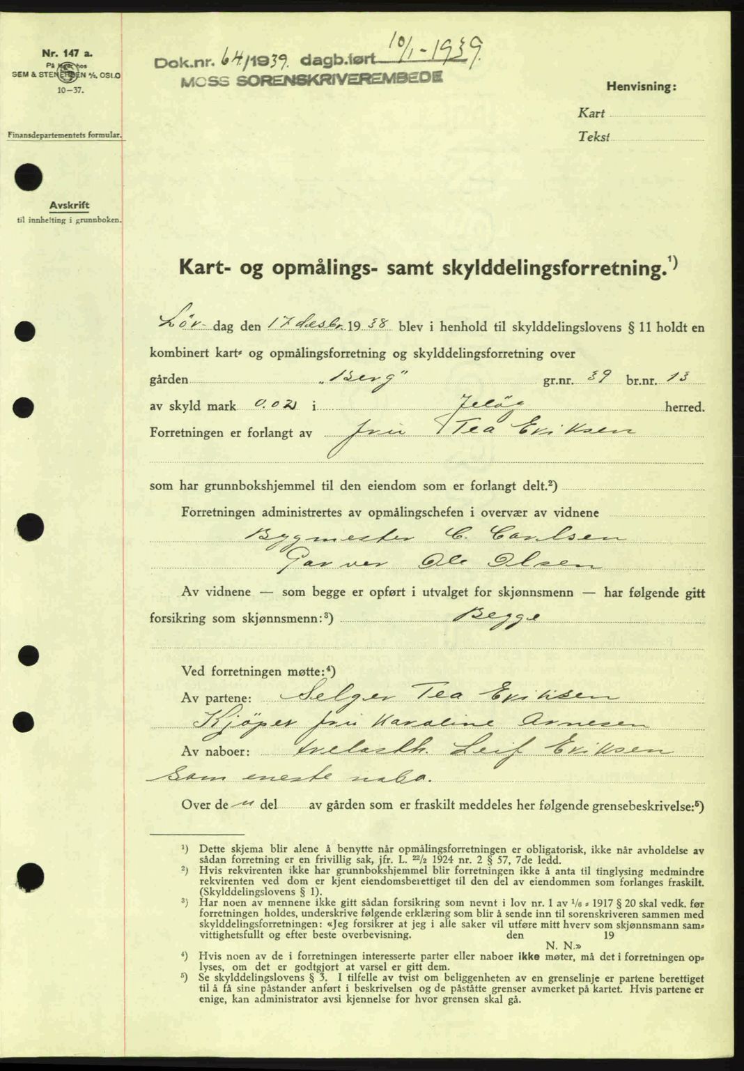 Moss sorenskriveri, SAO/A-10168: Mortgage book no. A5, 1938-1939, Diary no: : 64/1939