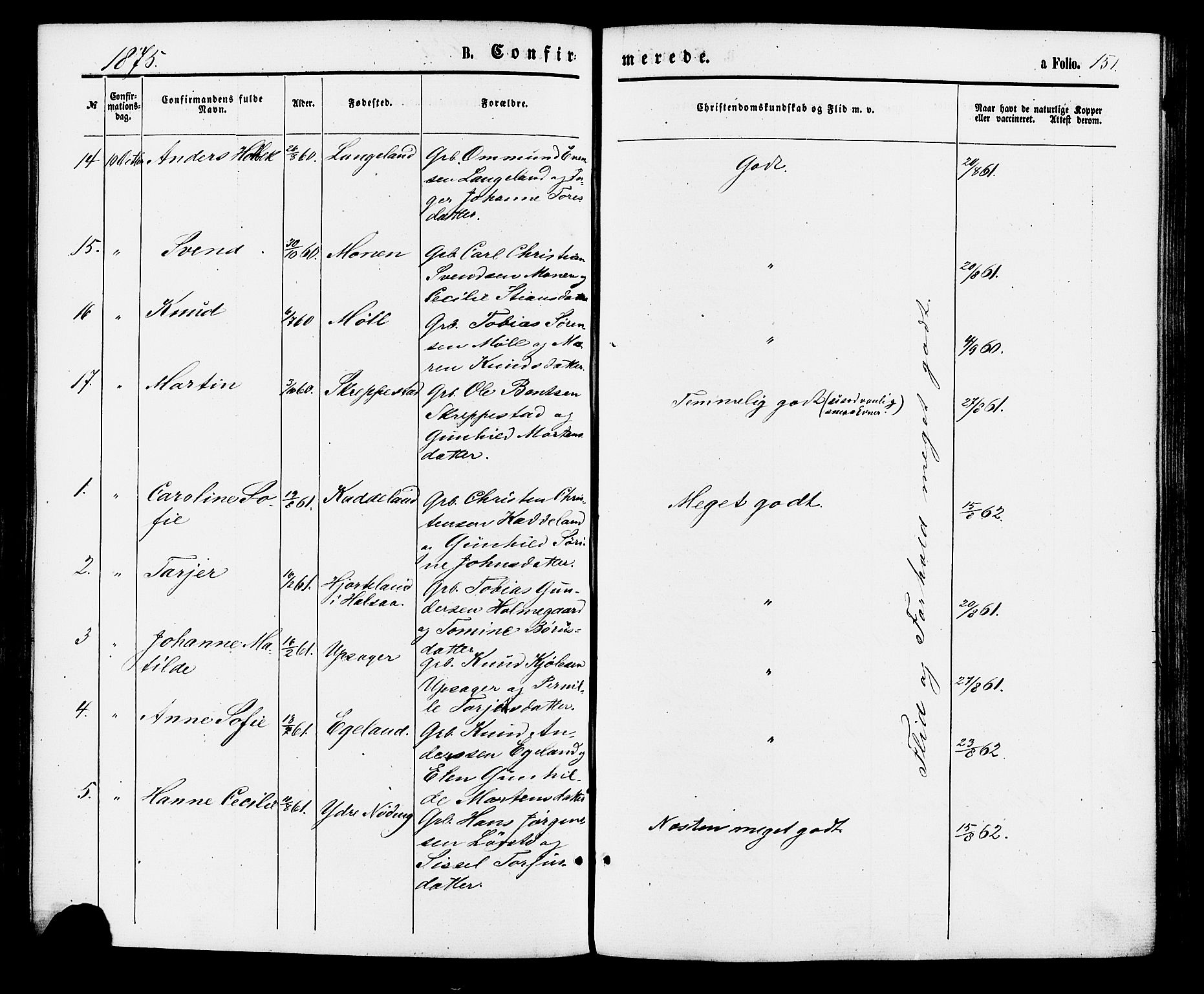 Holum sokneprestkontor, AV/SAK-1111-0022/F/Fa/Faa/L0006: Parish register (official) no. A 6, 1865-1883, p. 151