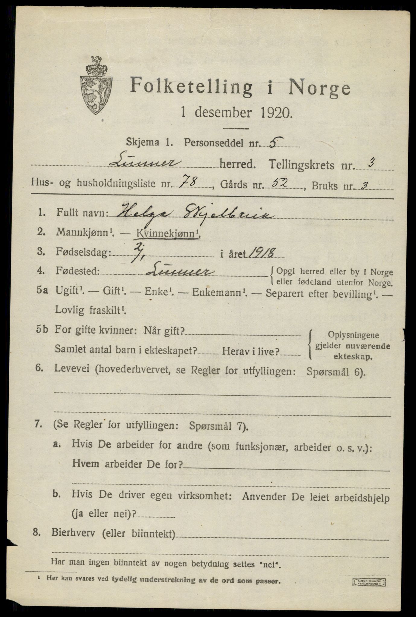 SAH, 1920 census for Lunner, 1920, p. 5361