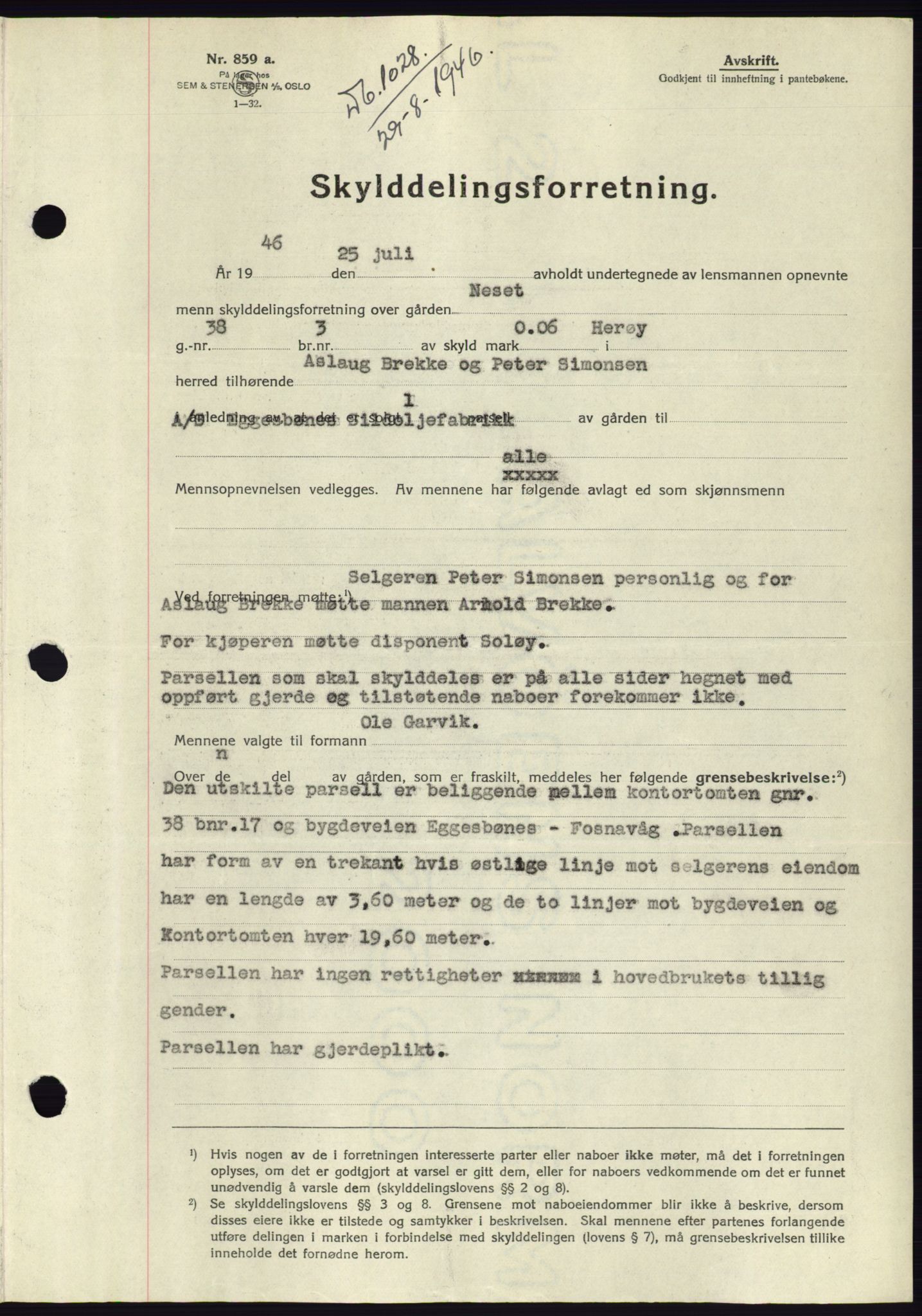 Søre Sunnmøre sorenskriveri, AV/SAT-A-4122/1/2/2C/L0078: Mortgage book no. 4A, 1946-1946, Diary no: : 1028/1946