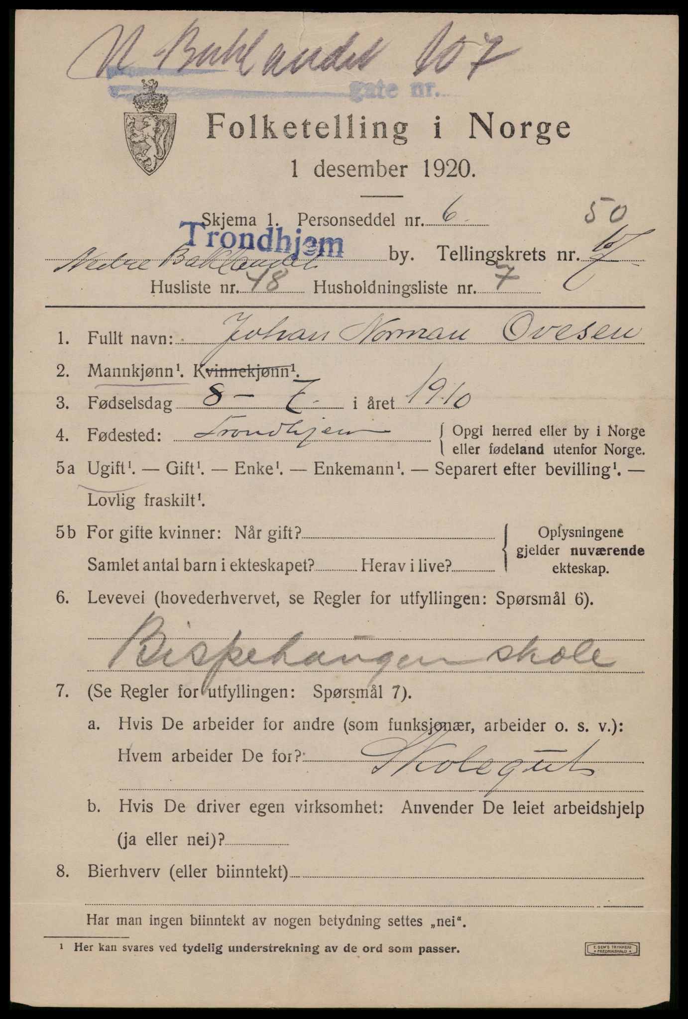 SAT, 1920 census for Trondheim, 1920, p. 105074