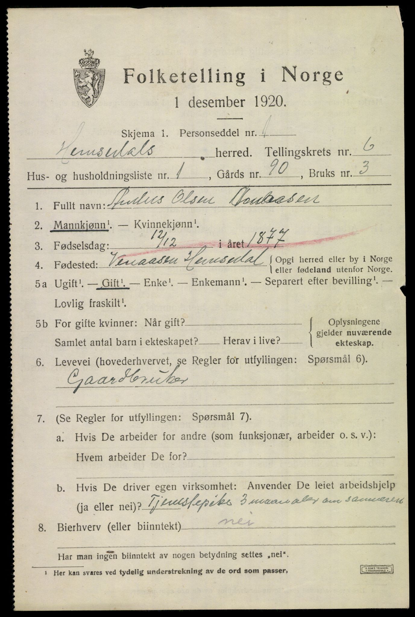 SAKO, 1920 census for Hemsedal, 1920, p. 2350