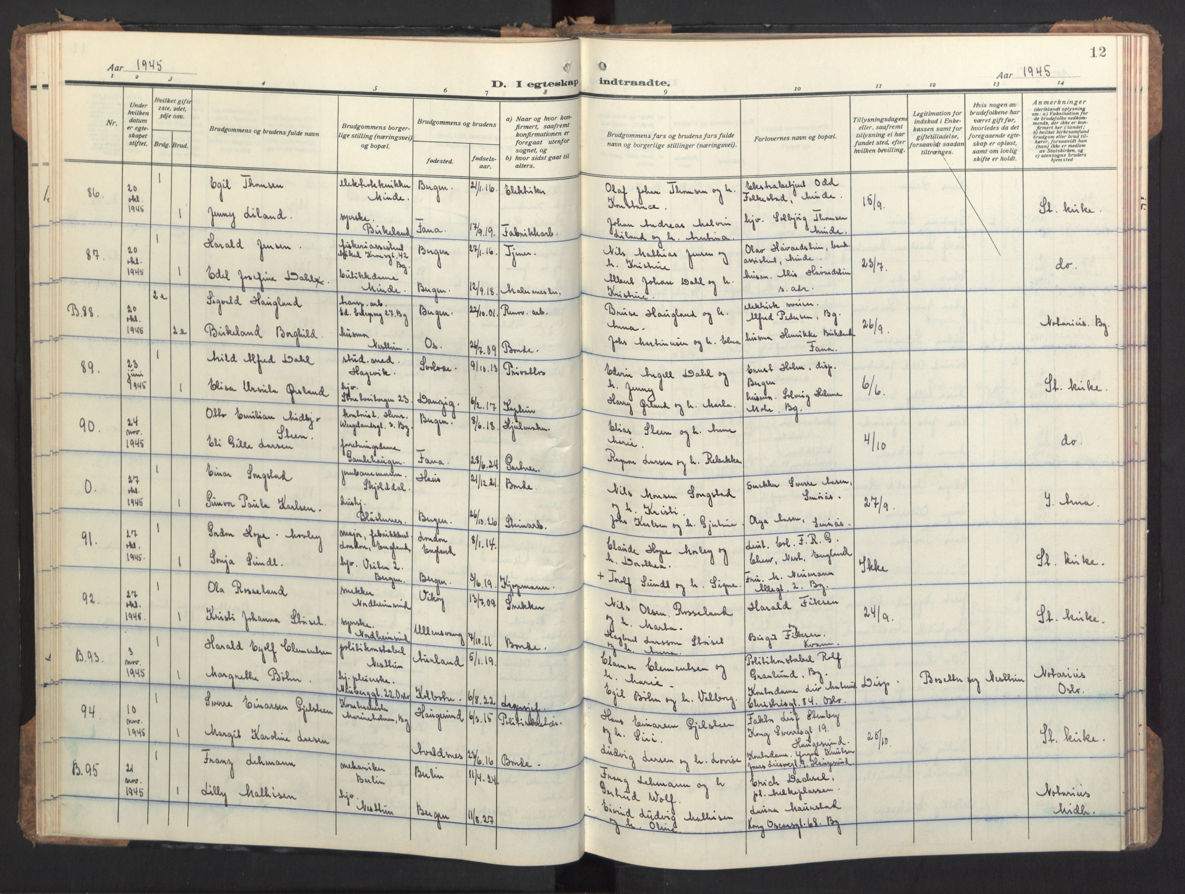 Birkeland Sokneprestembete, AV/SAB-A-74601/H/Haa/Haac/L0001: Parish register (official) no. C 1, 1944-1954, p. 12