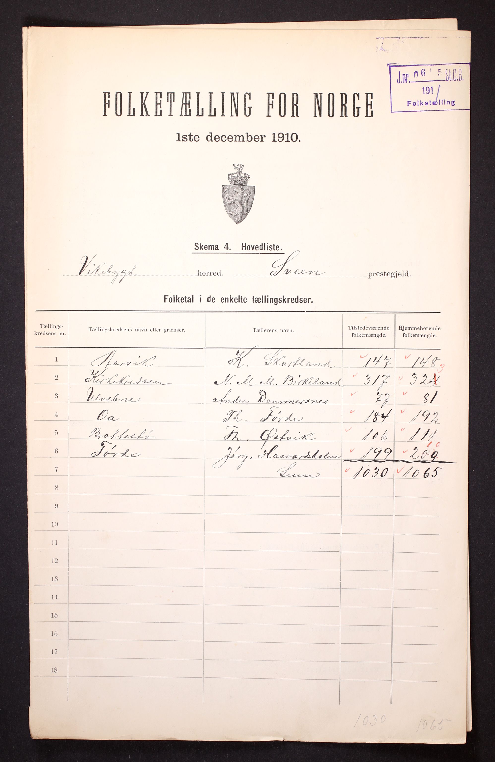 RA, 1910 census for Vikebygd, 1910, p. 2