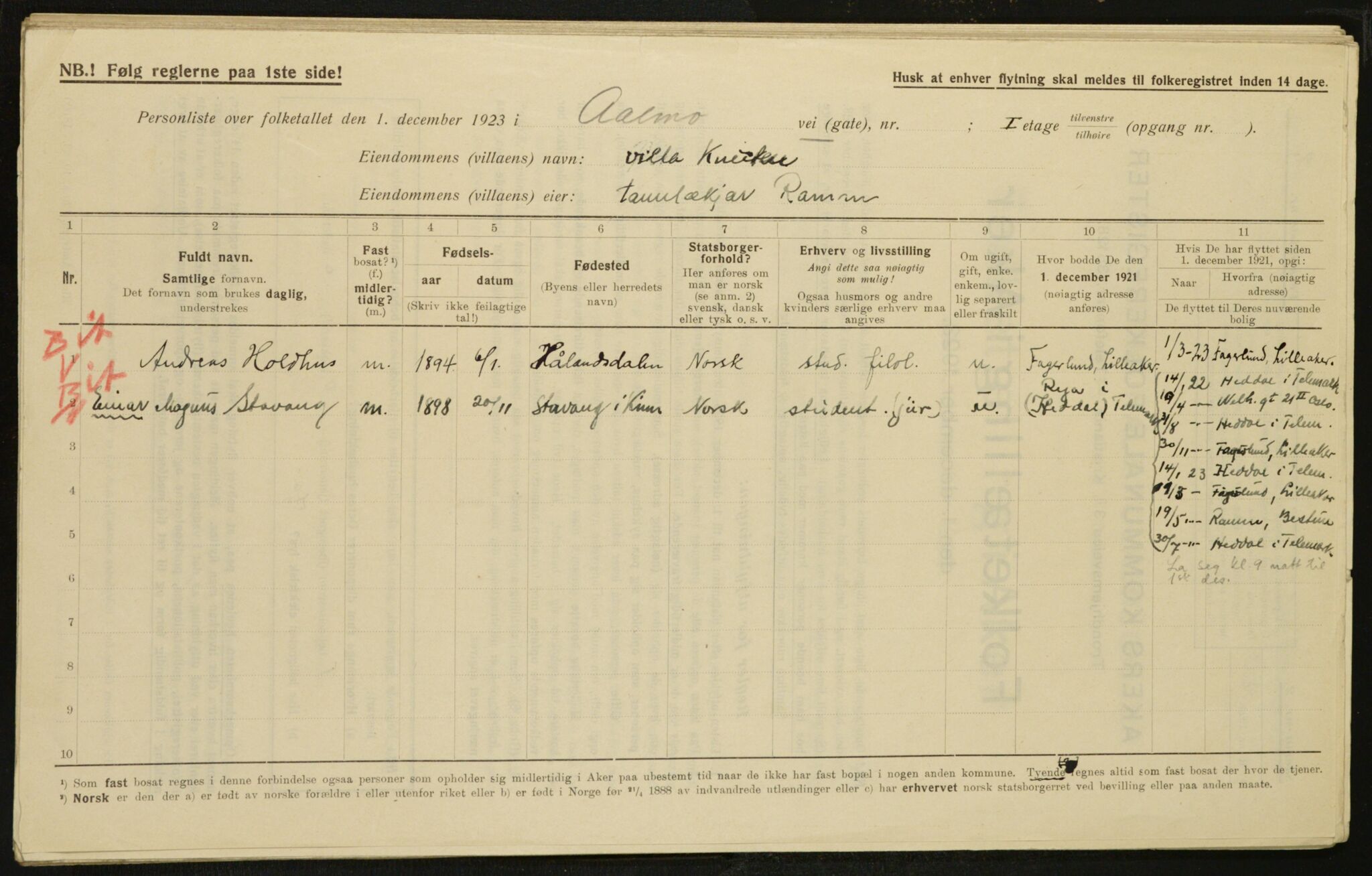 , Municipal Census 1923 for Aker, 1923, p. 5