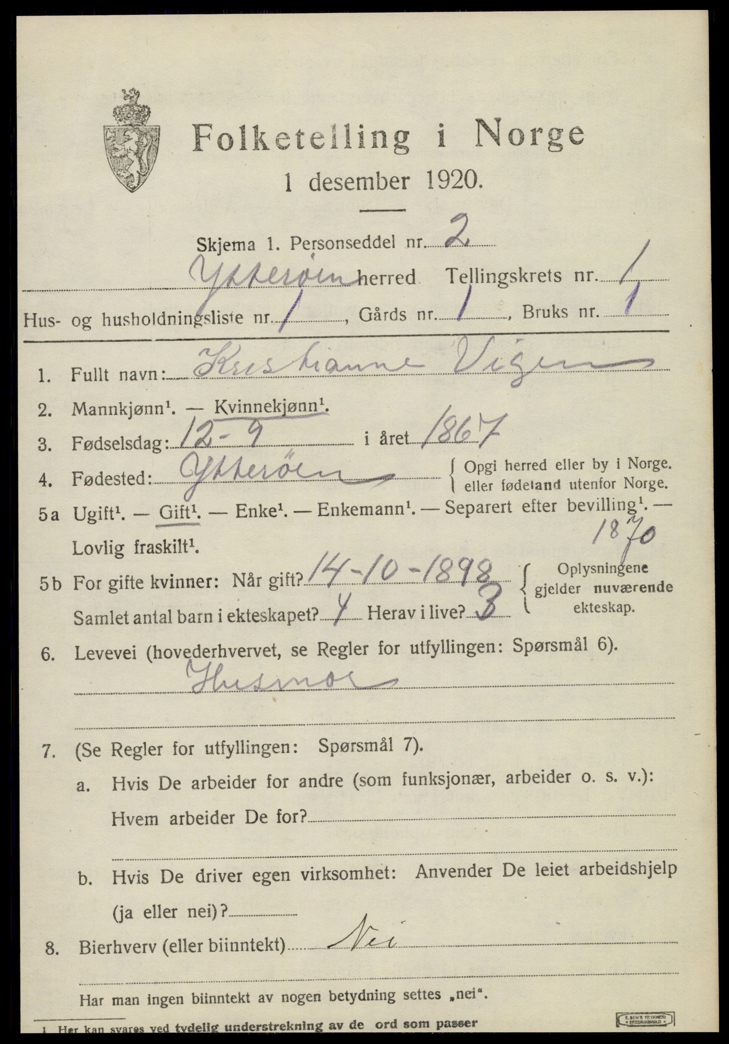 SAT, 1920 census for Ytterøy, 1920, p. 343