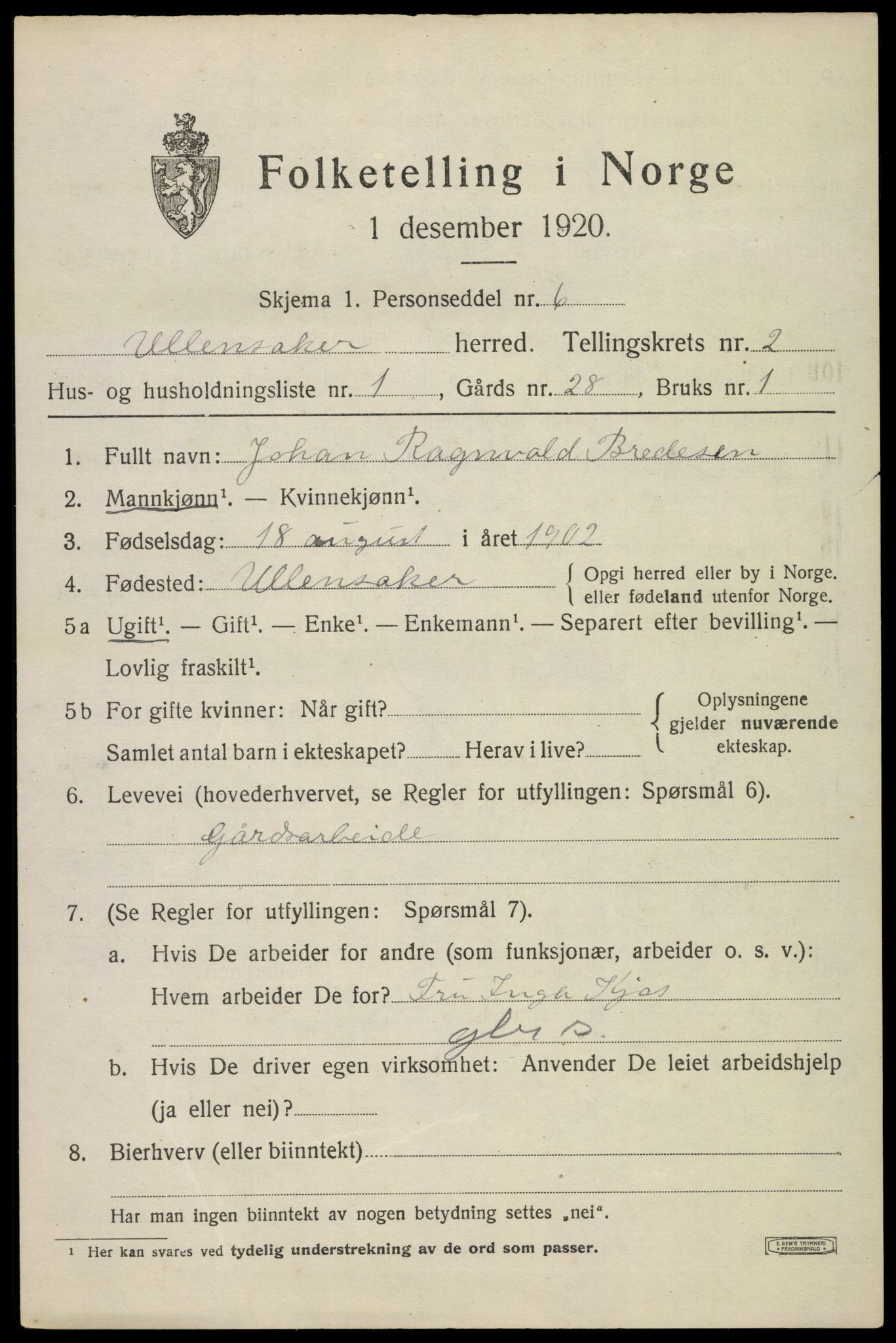 SAO, 1920 census for Ullensaker, 1920, p. 4675