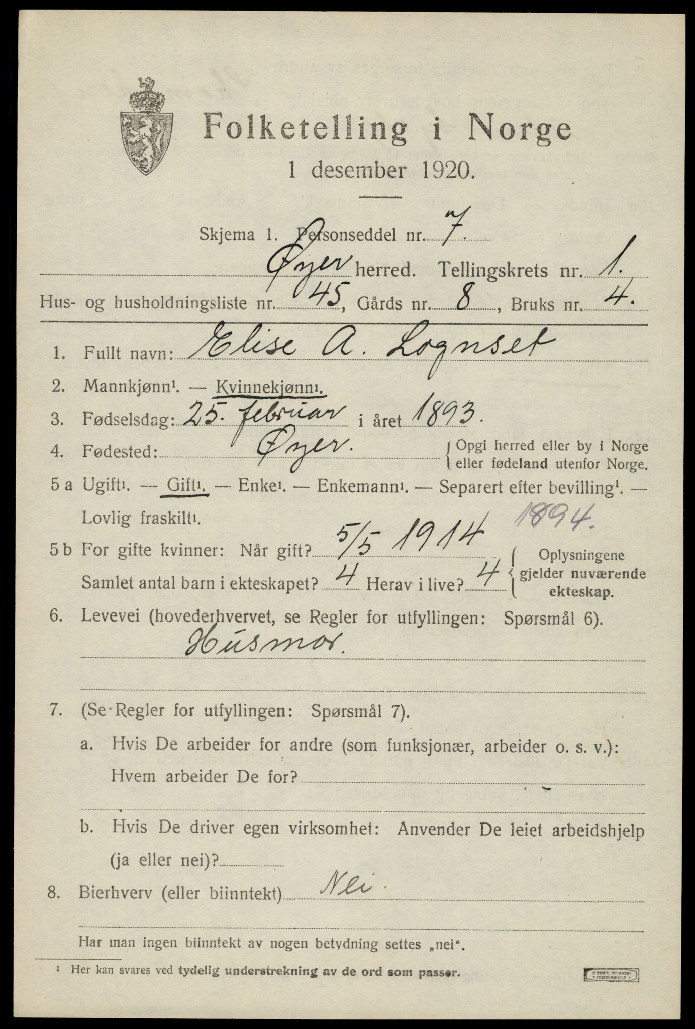 SAH, 1920 census for Øyer, 1920, p. 1713