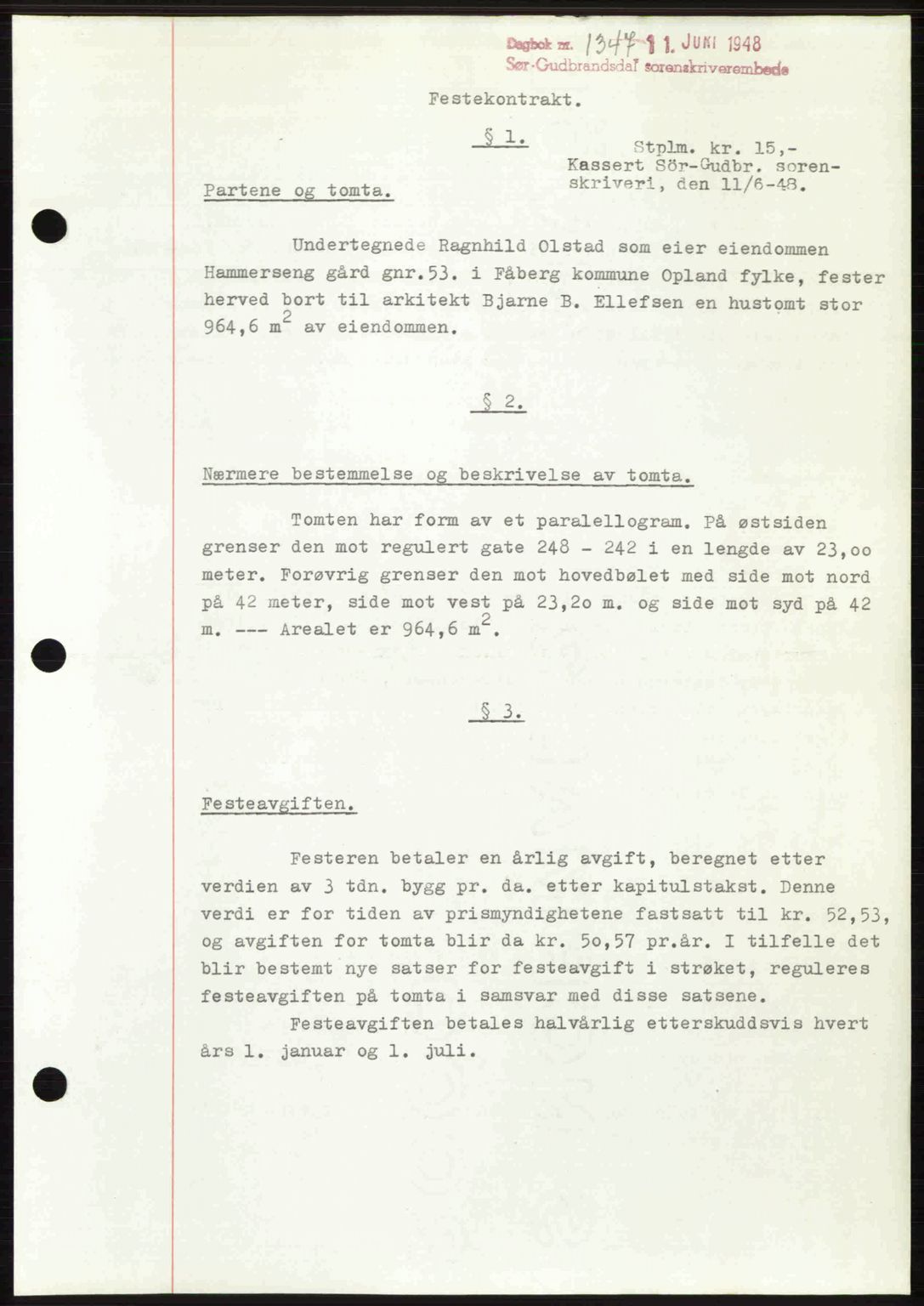 Sør-Gudbrandsdal tingrett, SAH/TING-004/H/Hb/Hbd/L0022: Mortgage book no. A22, 1948-1948, Diary no: : 1347/1948