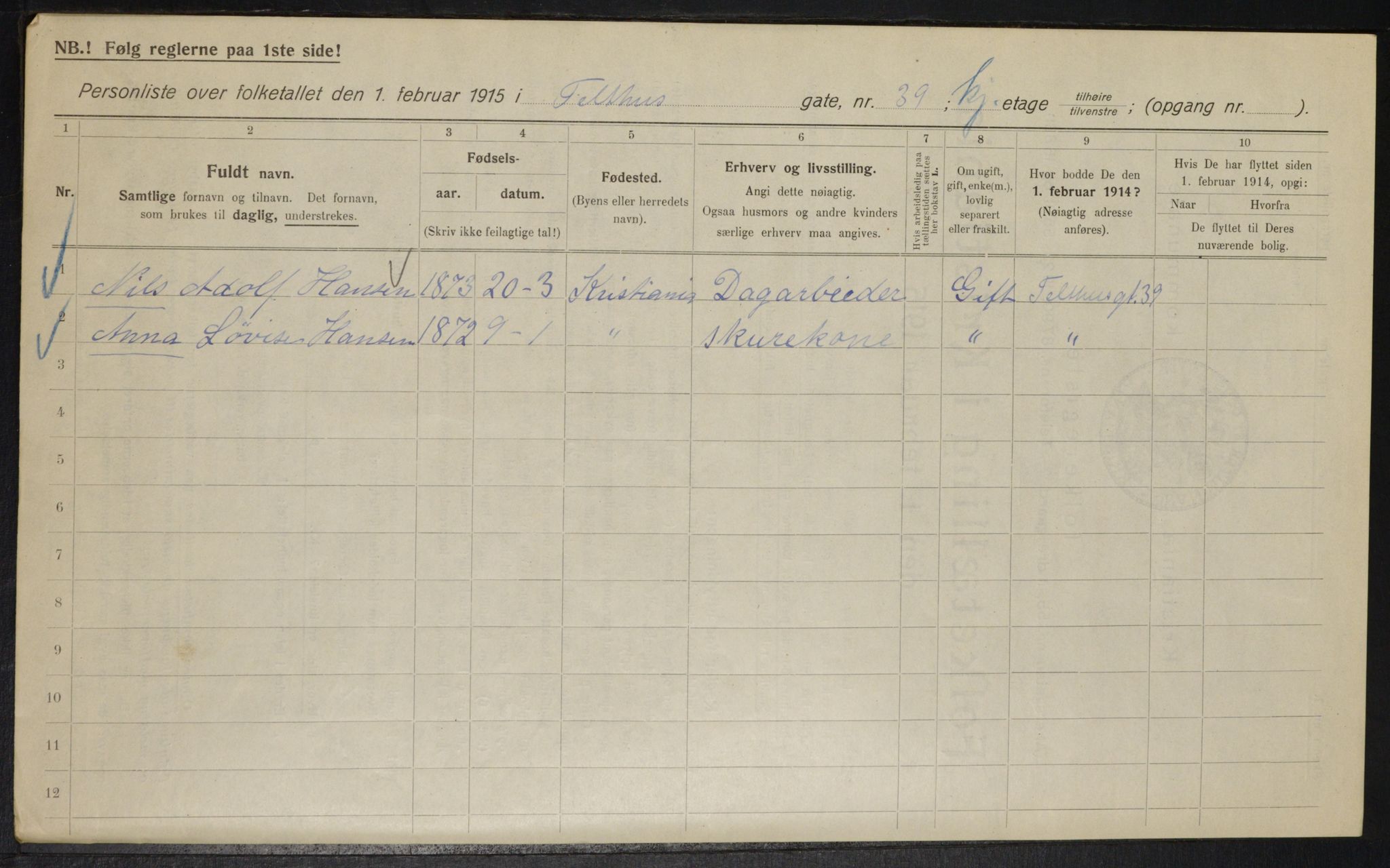 OBA, Municipal Census 1915 for Kristiania, 1915, p. 107912