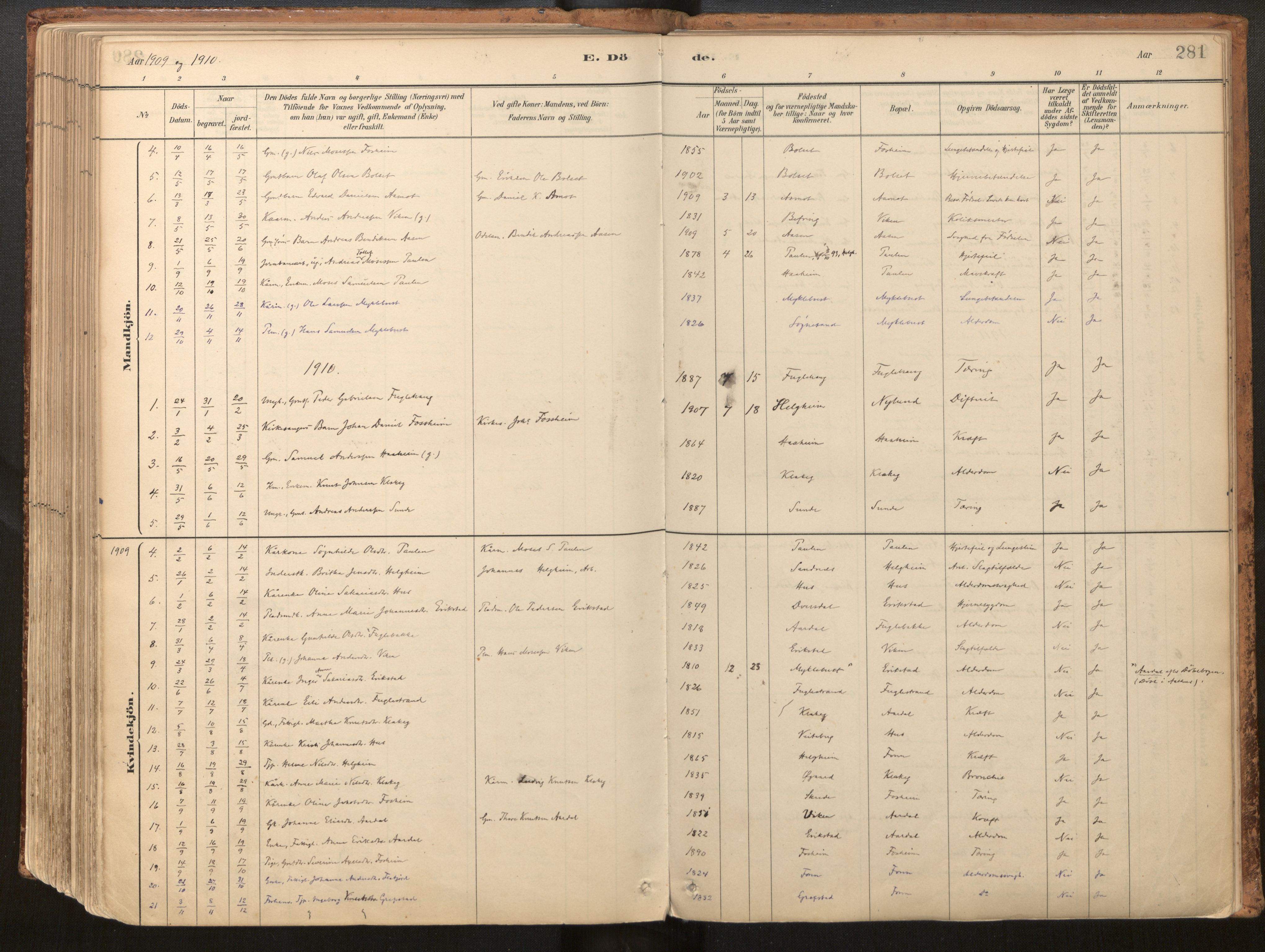 Jølster sokneprestembete, SAB/A-80701/H/Haa/Haac/L0001: Parish register (official) no. C 1, 1882-1928, p. 281