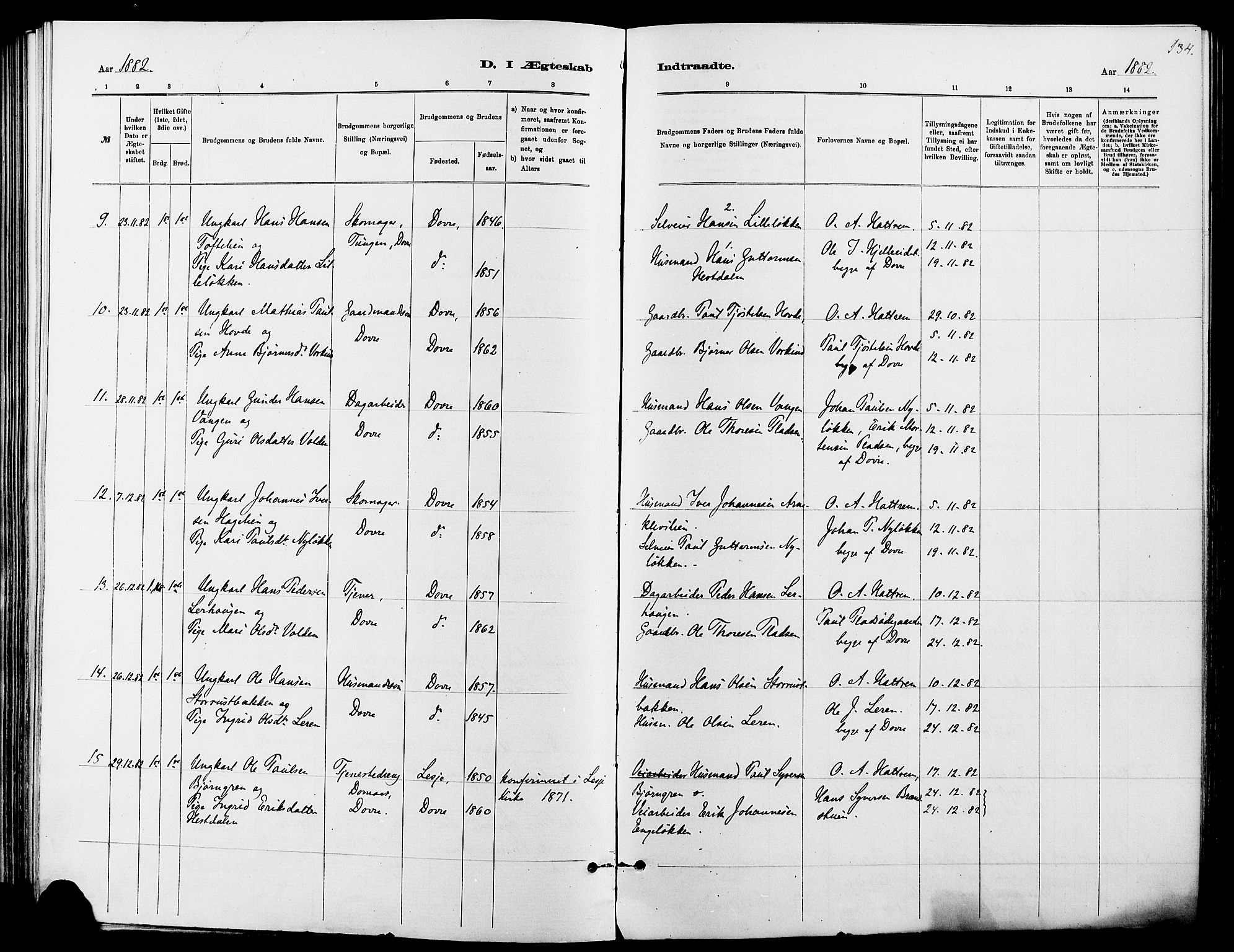 Dovre prestekontor, SAH/PREST-066/H/Ha/Haa/L0002: Parish register (official) no. 2, 1879-1890, p. 134
