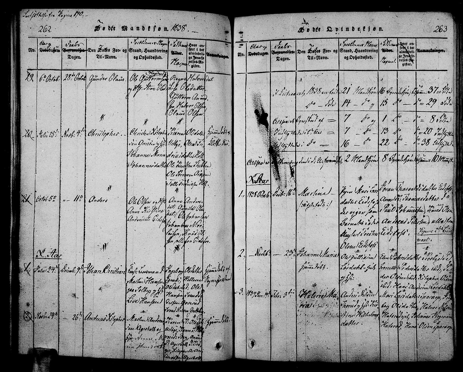 Hof kirkebøker, SAKO/A-64/F/Fa/L0004: Parish register (official) no. I 4, 1814-1843, p. 262-263
