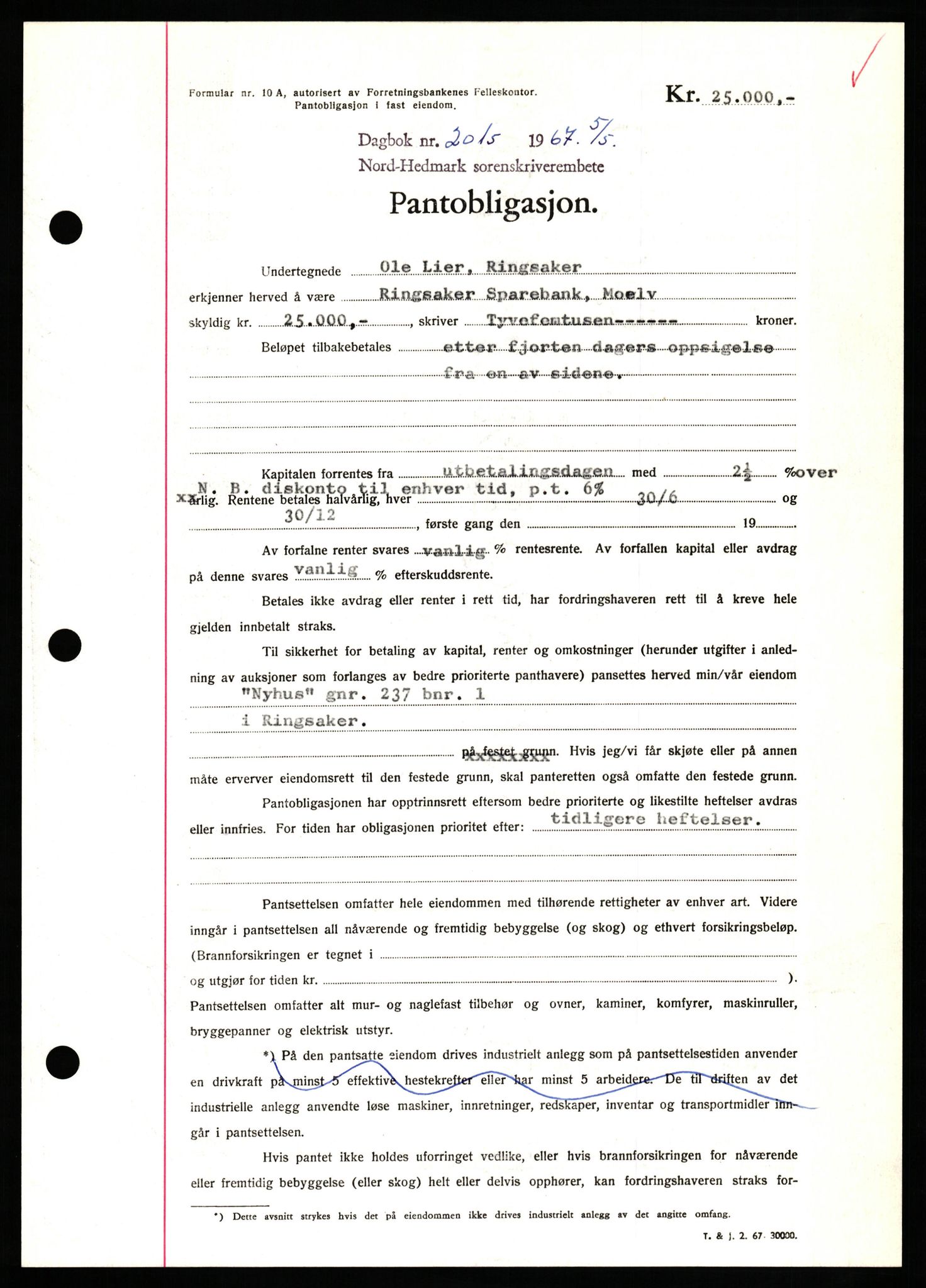 Nord-Hedmark sorenskriveri, SAH/TING-012/H/Hb/Hbf/L0071: Mortgage book no. B71, 1967-1967, Diary no: : 2015/1967