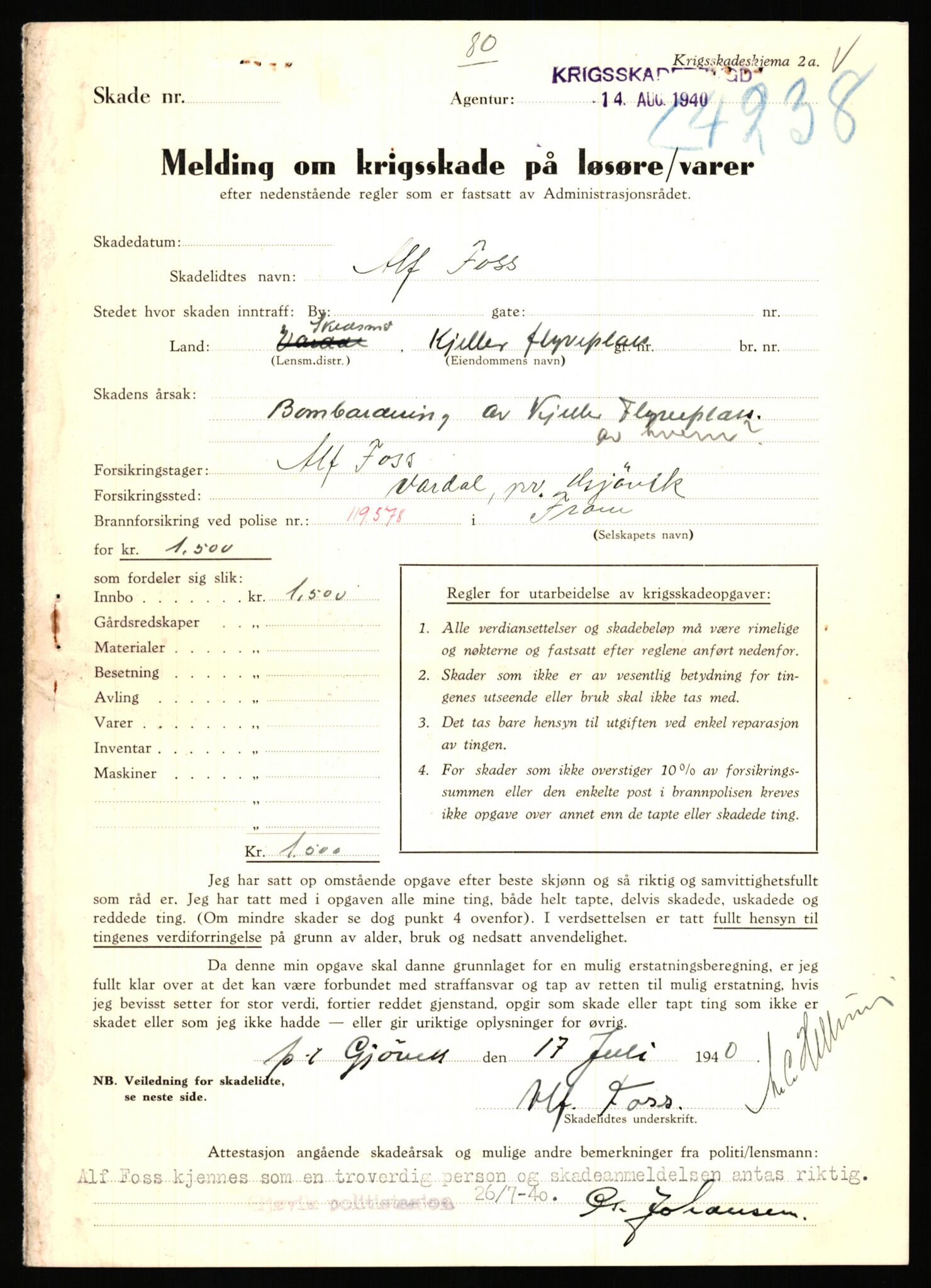 Justisdepartementet, Oppgjørsavdelingen, AV/RA-S-1056/G/Gb/L0020: Oppgaver over ettersøkte sivile effekter. Foss, Alf - Fraas, Jens, 1940-1942, p. 5