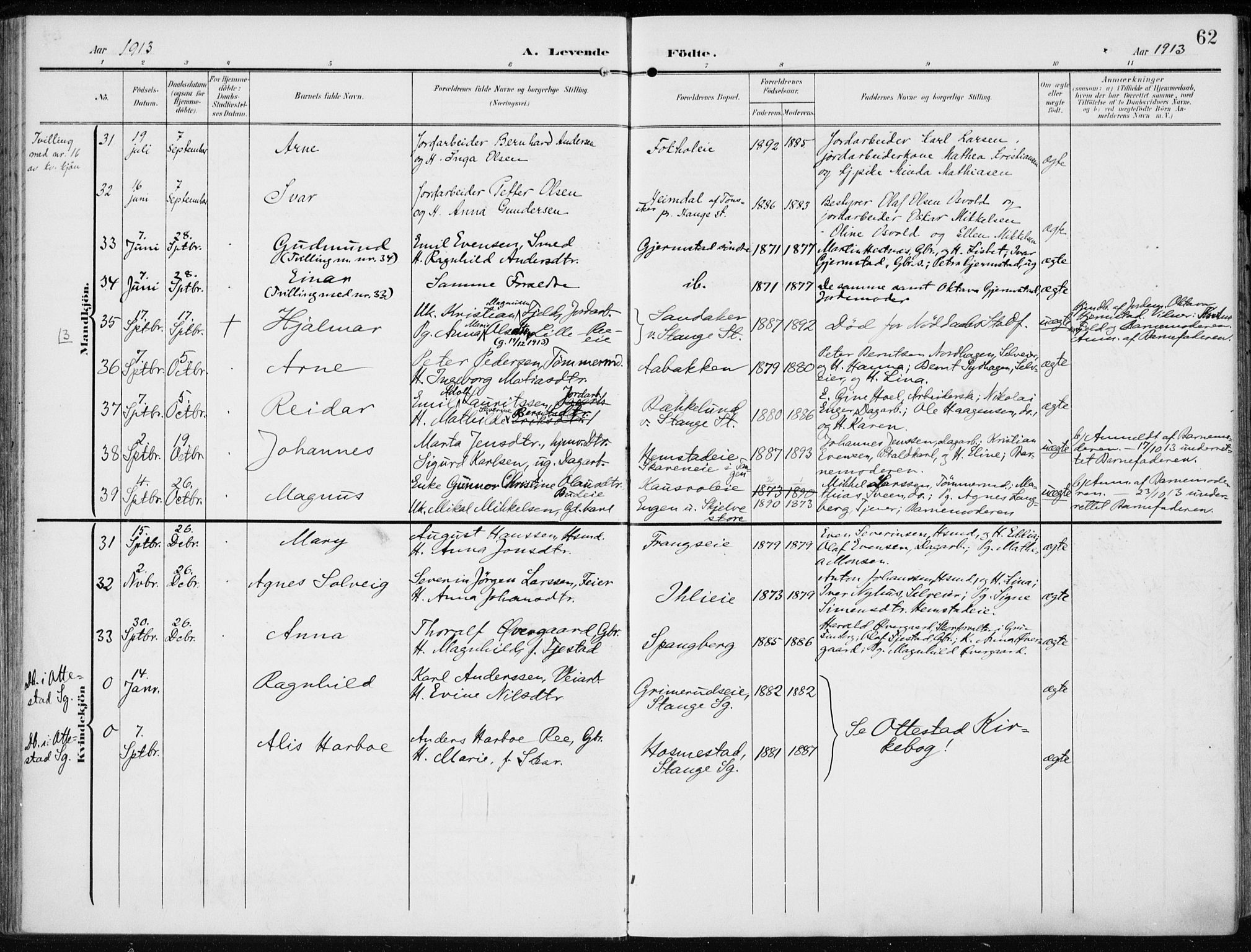 Stange prestekontor, AV/SAH-PREST-002/K/L0024: Parish register (official) no. 24, 1906-1922, p. 62