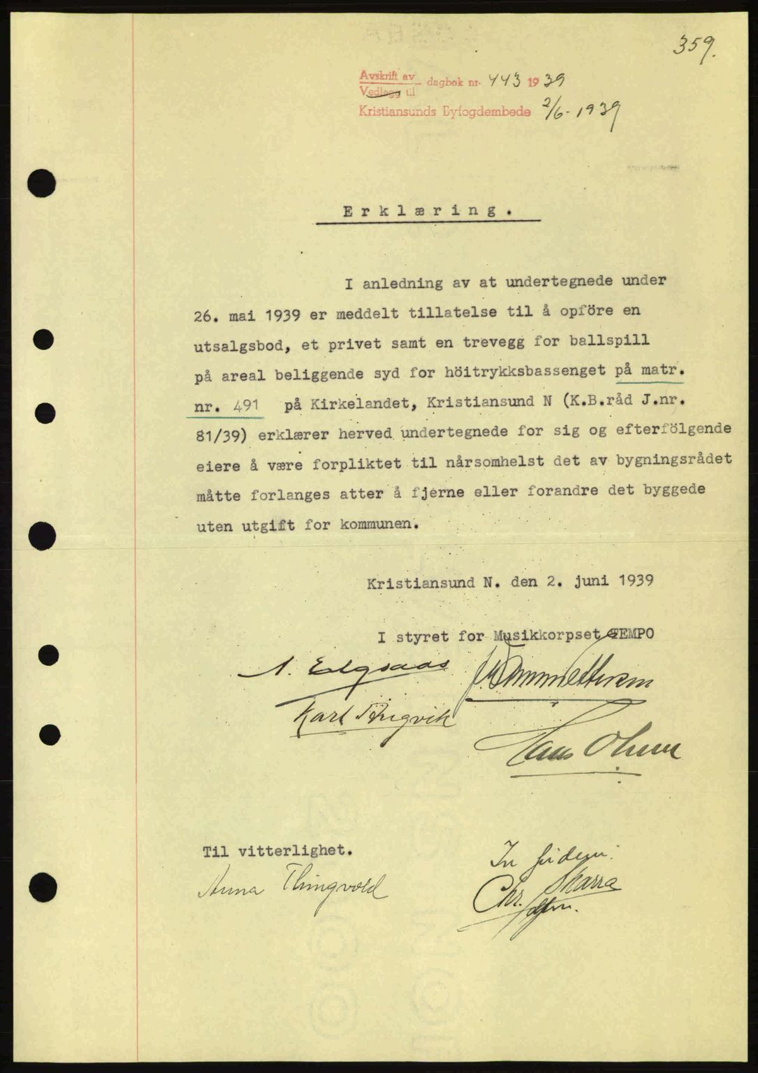 Kristiansund byfogd, SAT/A-4587/A/27: Mortgage book no. 31, 1938-1939, Diary no: : 443/1939