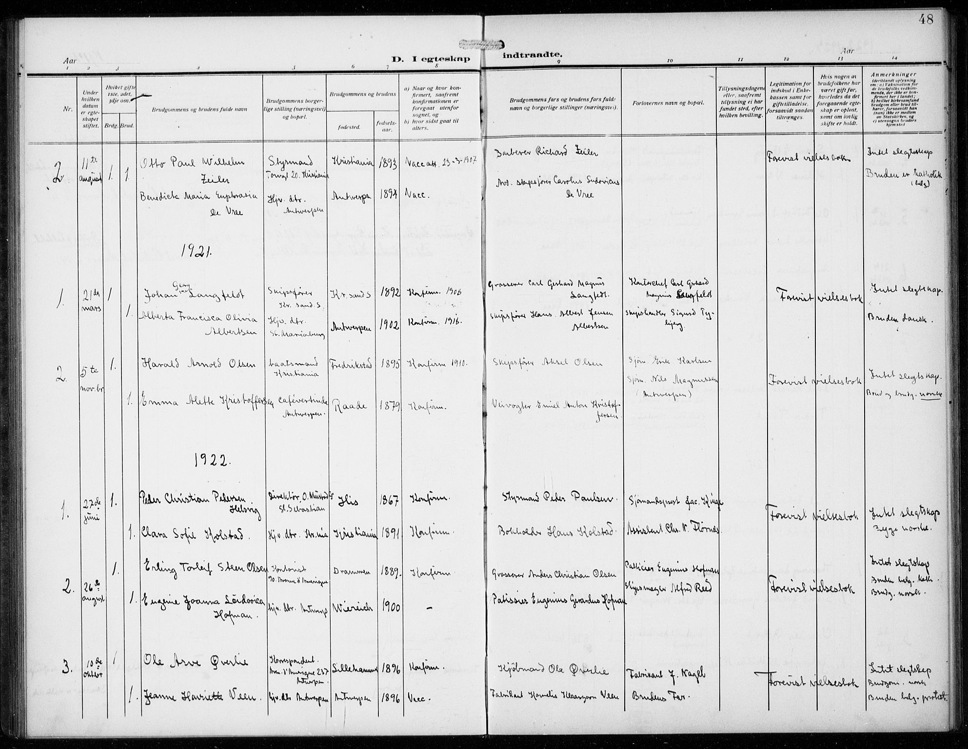 Den norske sjømannsmisjon i utlandet/Antwerpen, SAB/SAB/PA-0105/H/Ha/L0003: Parish register (official) no. A 3, 1914-1930, p. 48